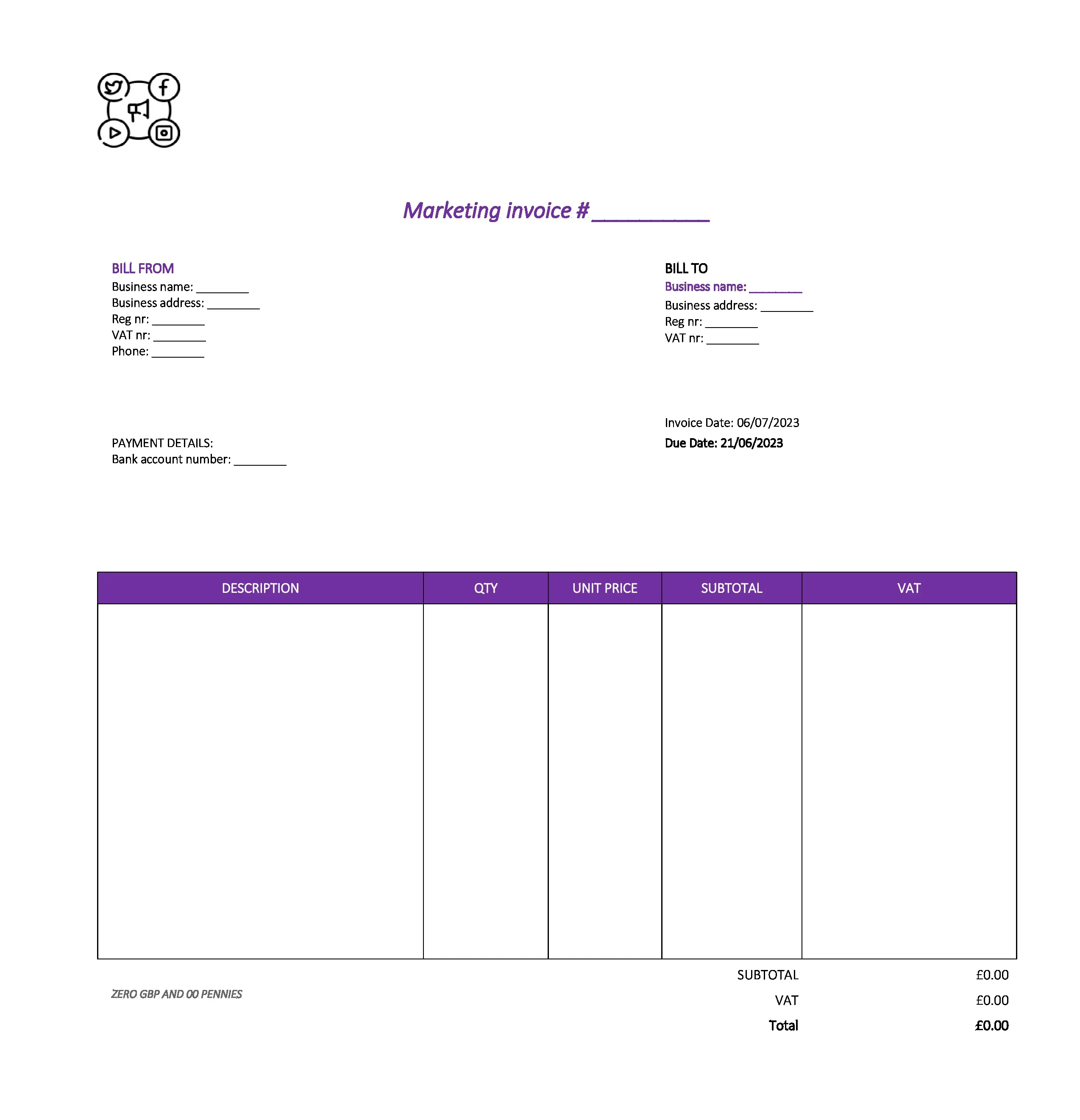 pretty marketing invoice template UK Excel / Google sheets