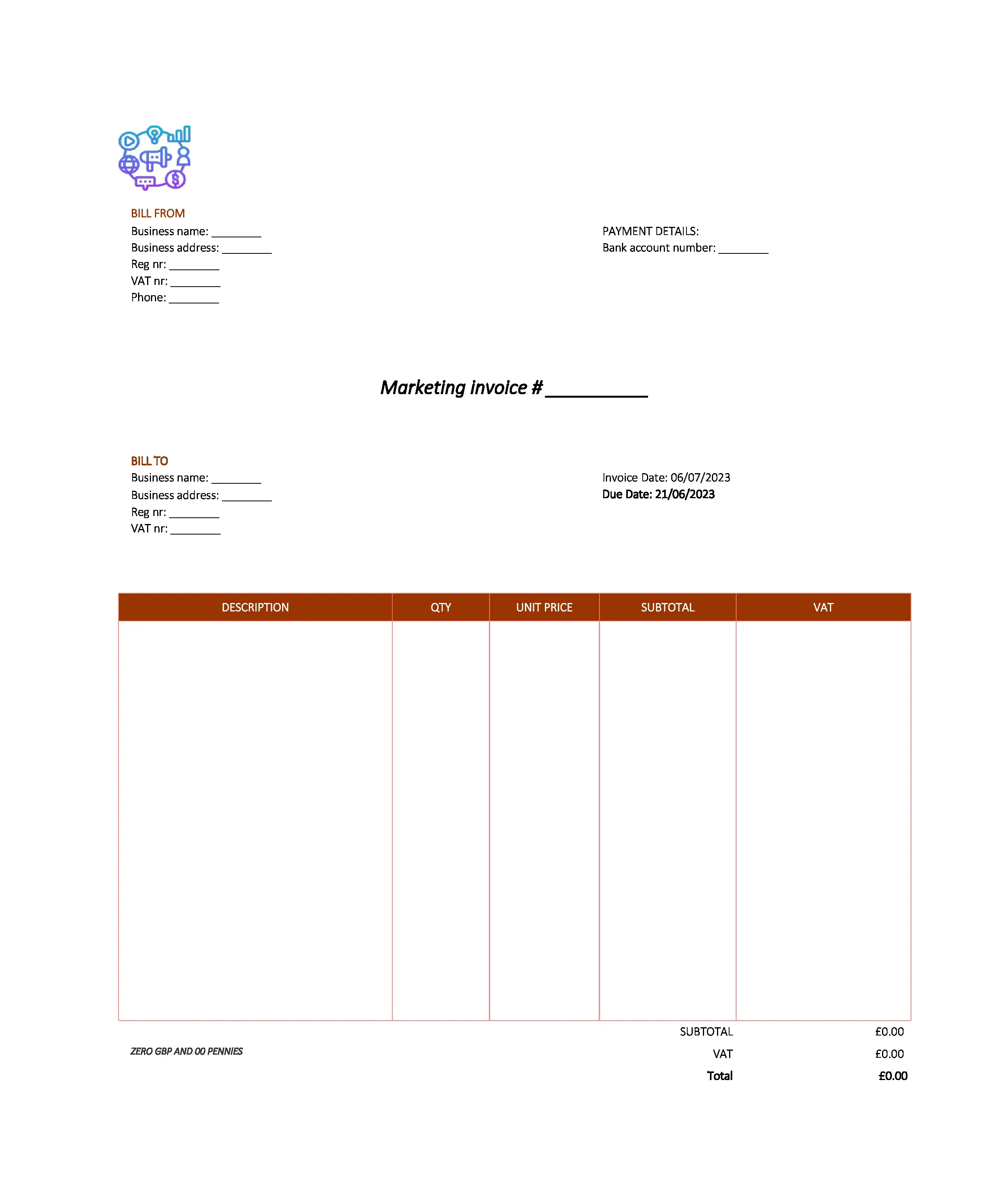 modern marketing invoice template UK Excel / Google sheets