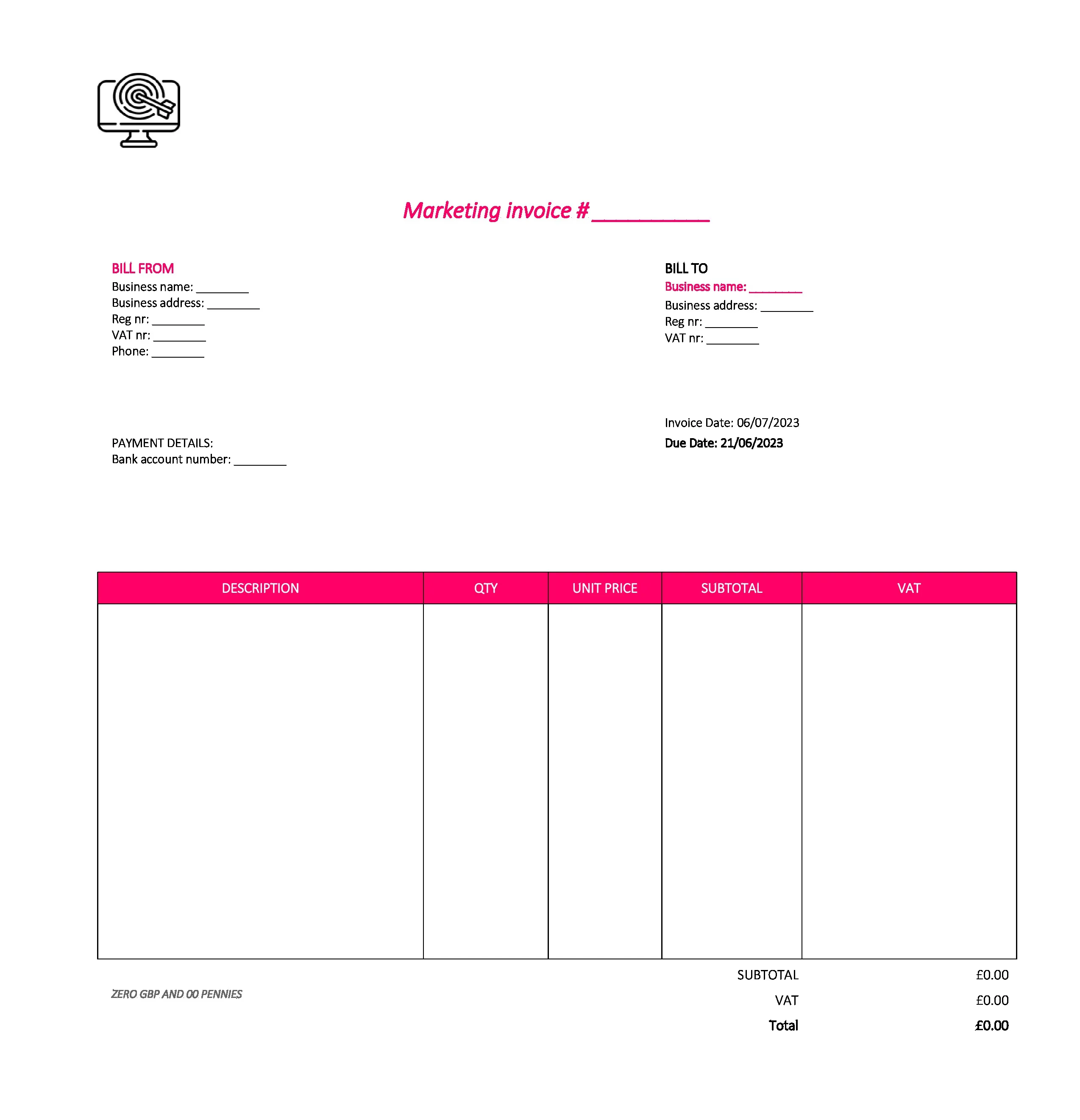 nice marketing invoice template UK Excel / Google sheets