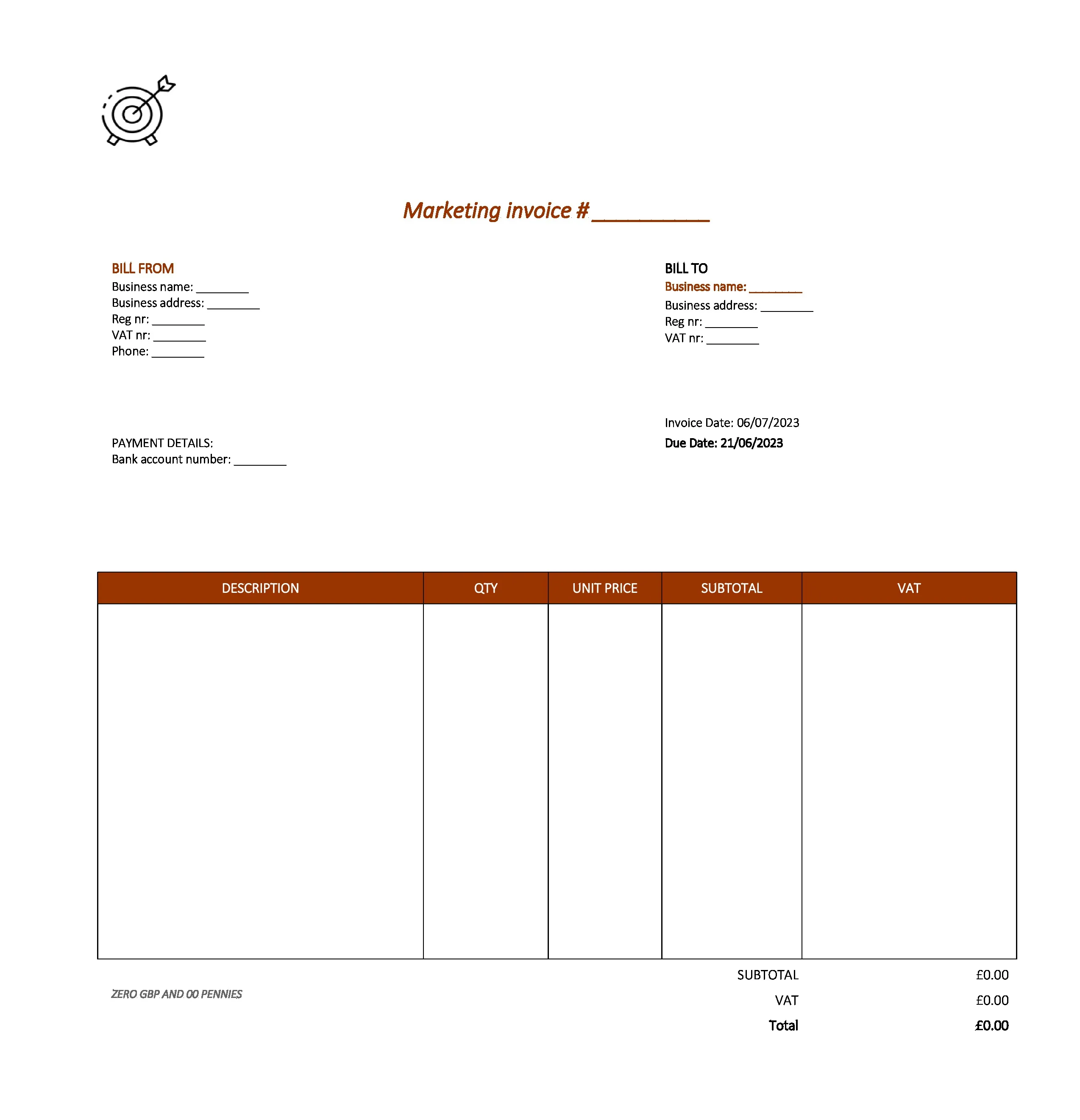 elegant marketing invoice template UK Excel / Google sheets