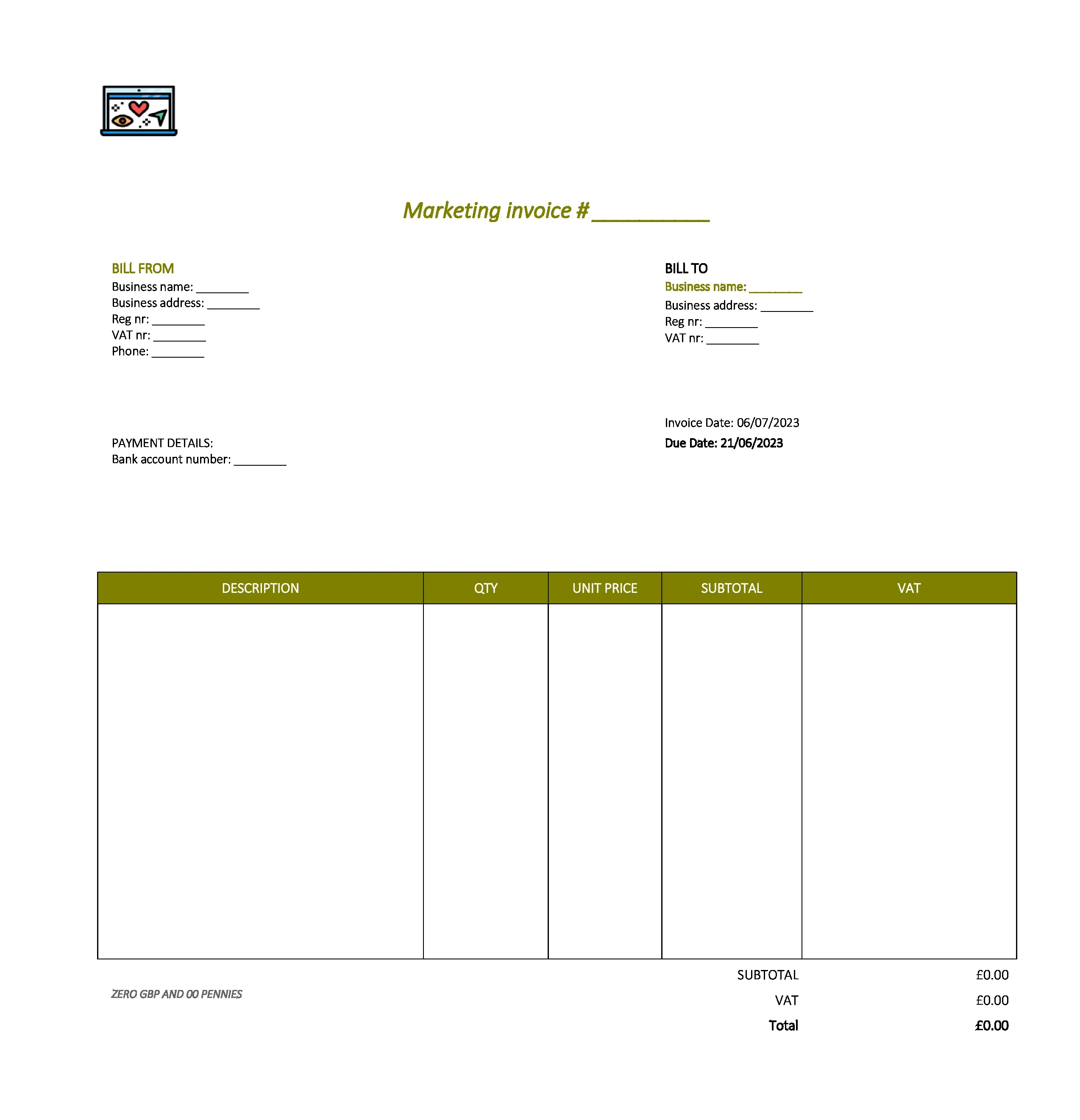 minimalist marketing invoice template UK Excel / Google sheets