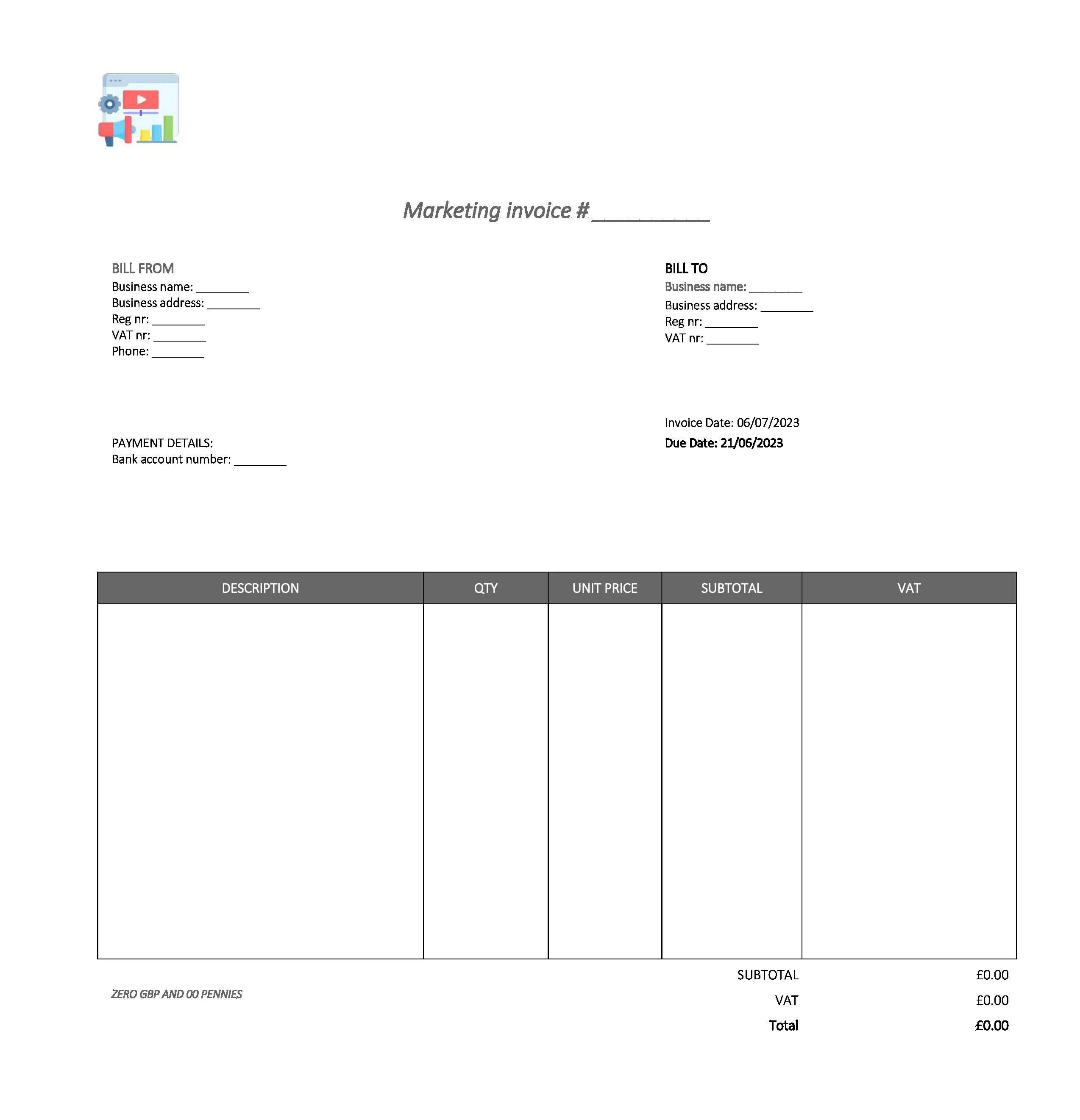 fancy marketing invoice template UK Excel / Google sheets