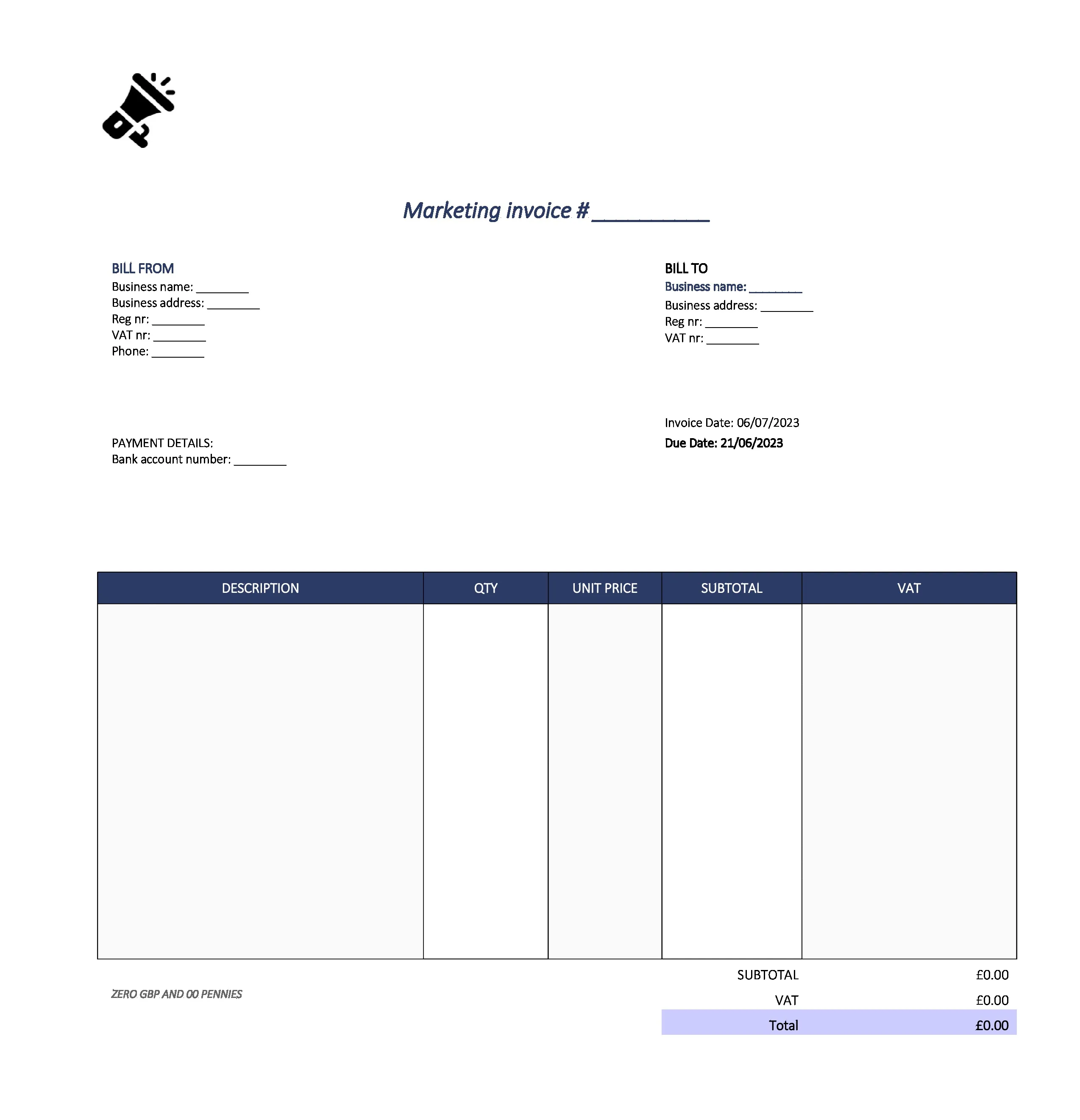 cute marketing invoice template UK Excel / Google sheets