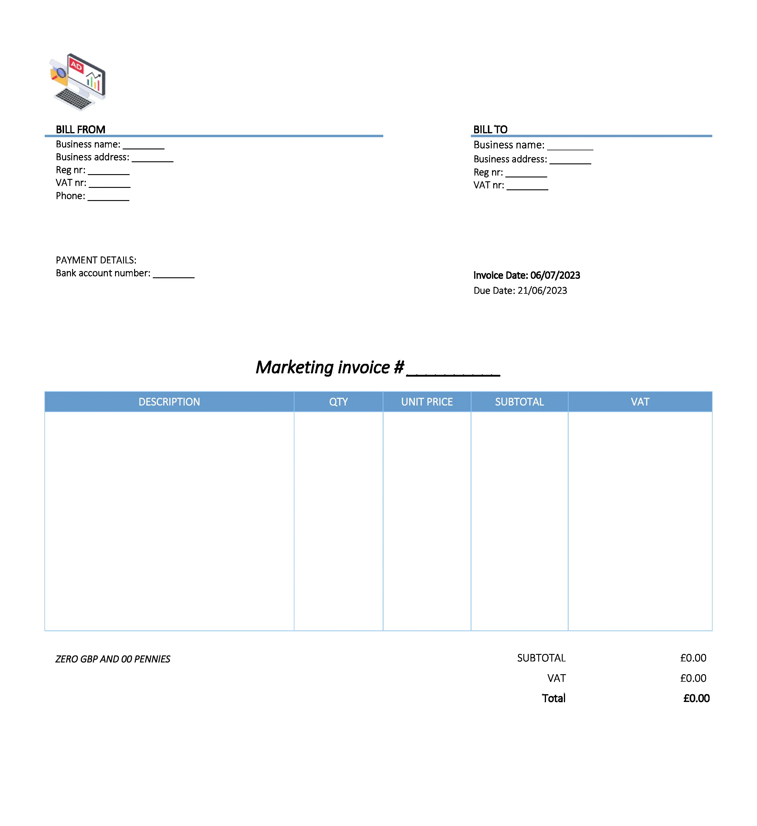 with bank details marketing invoice template UK Excel / Google sheets