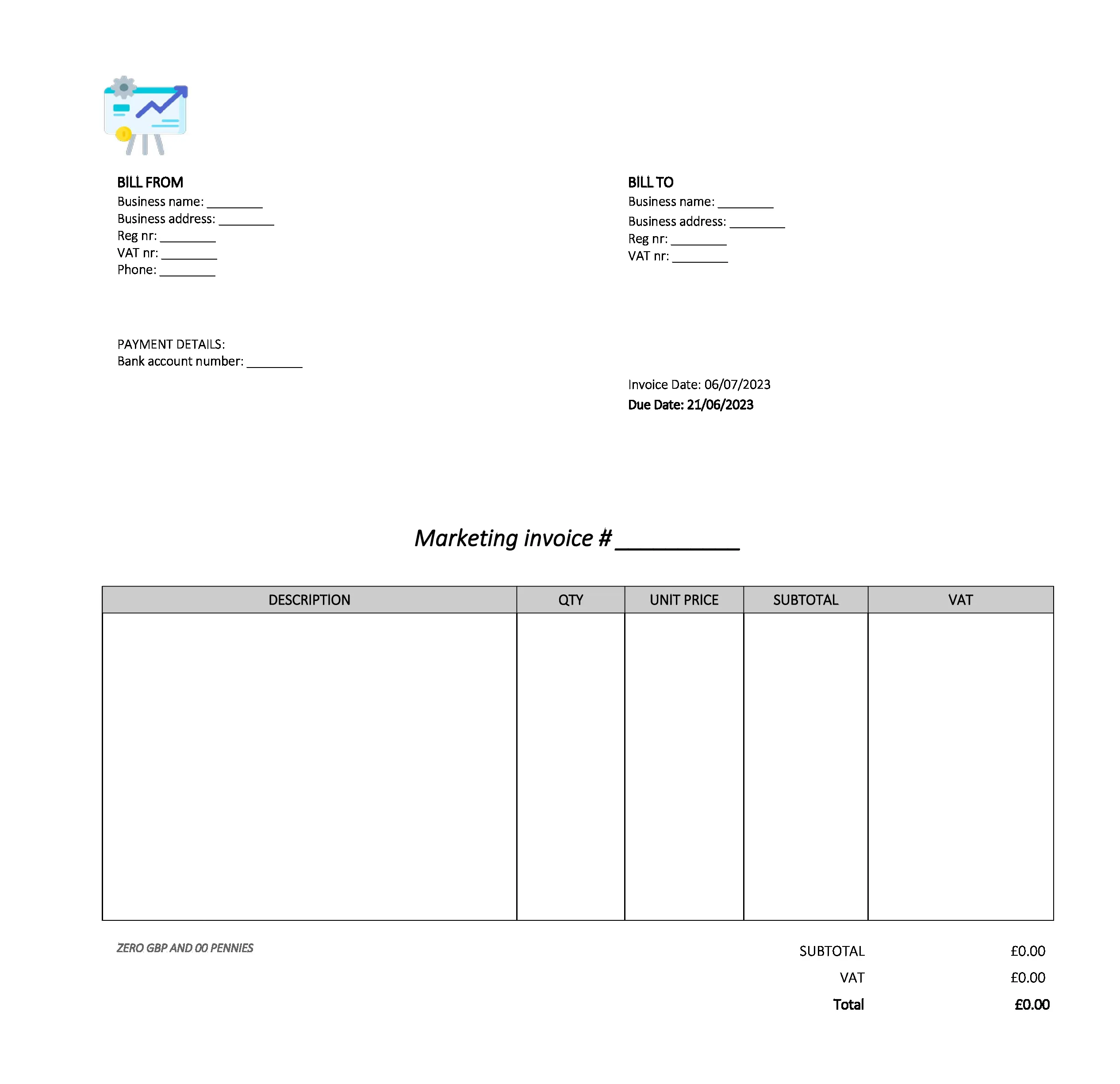 empty marketing invoice template UK Excel / Google sheets