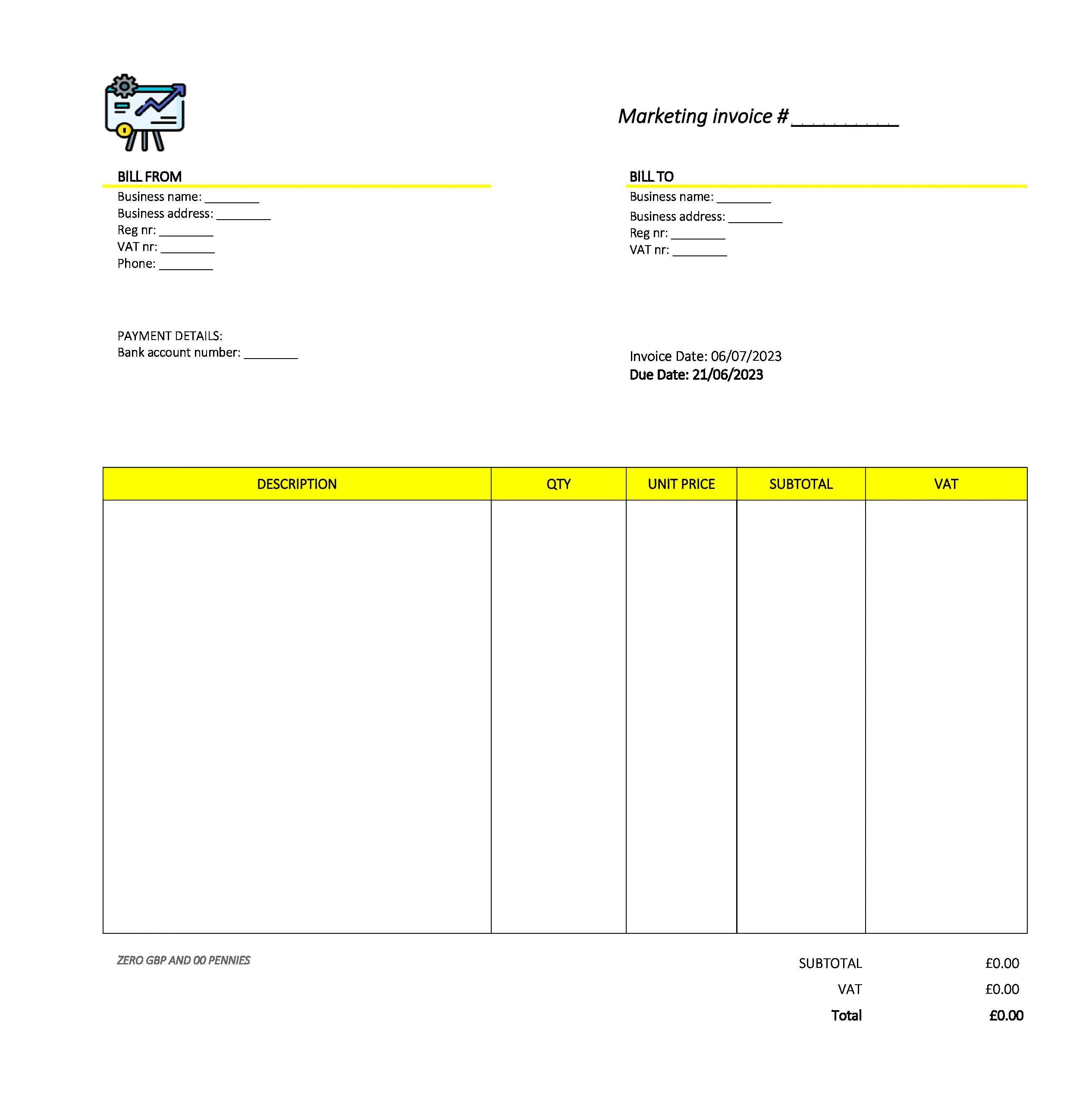 formal marketing invoice template UK Excel / Google sheets