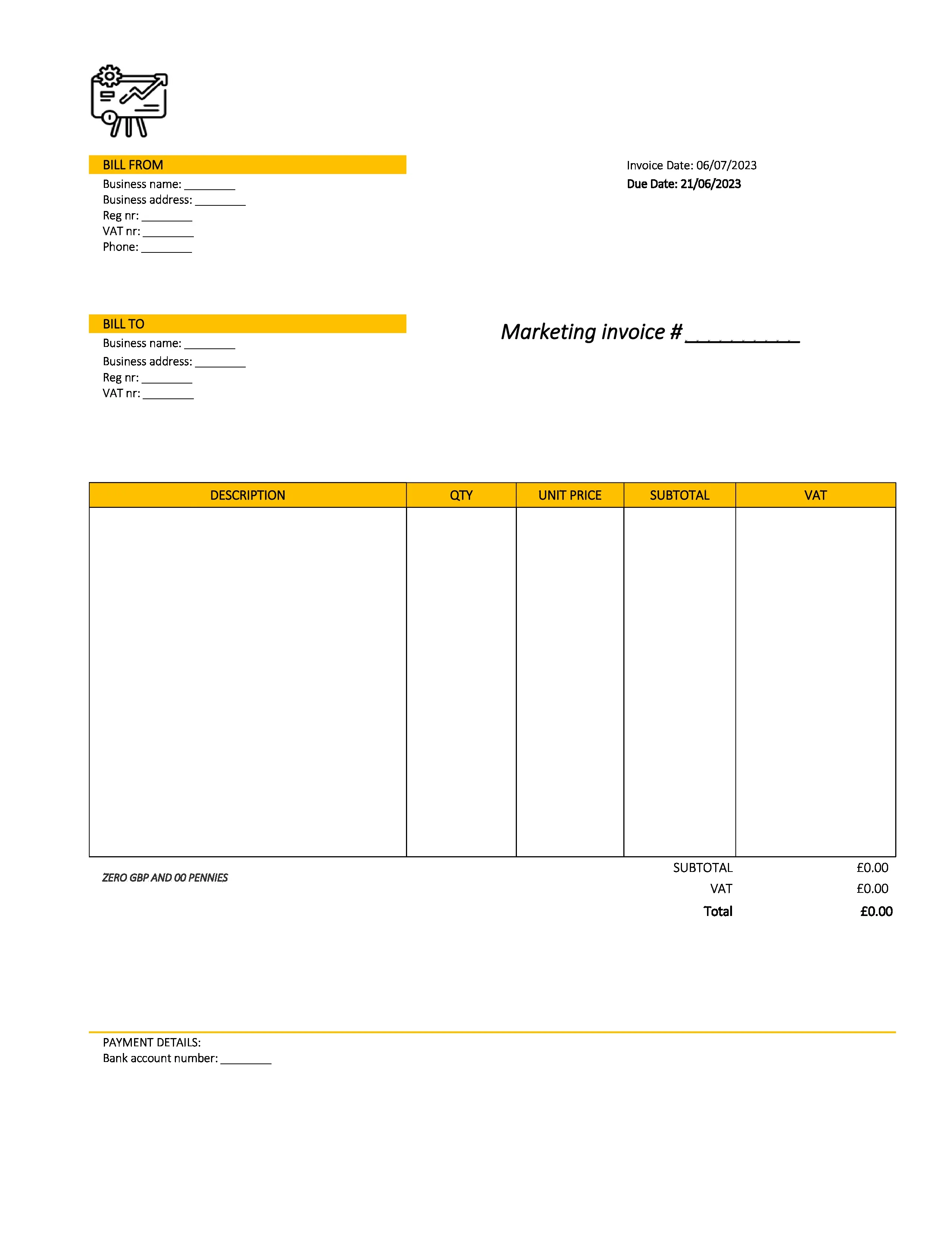 creative marketing invoice template UK Excel / Google sheets