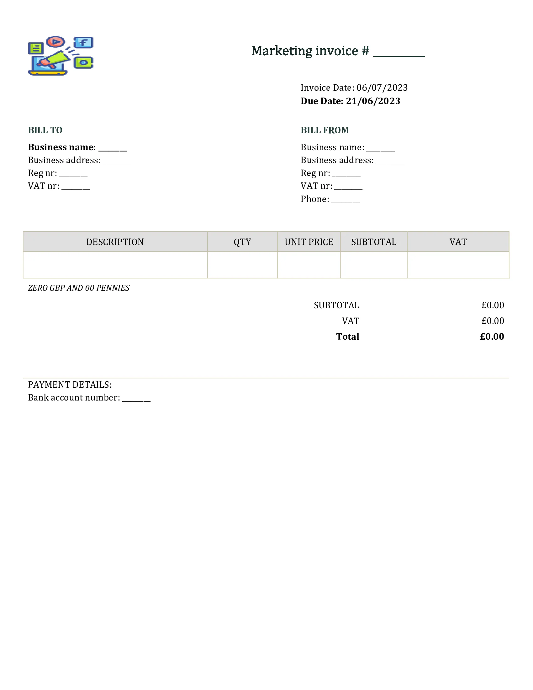 editable marketing invoice template UK Word / Google docs