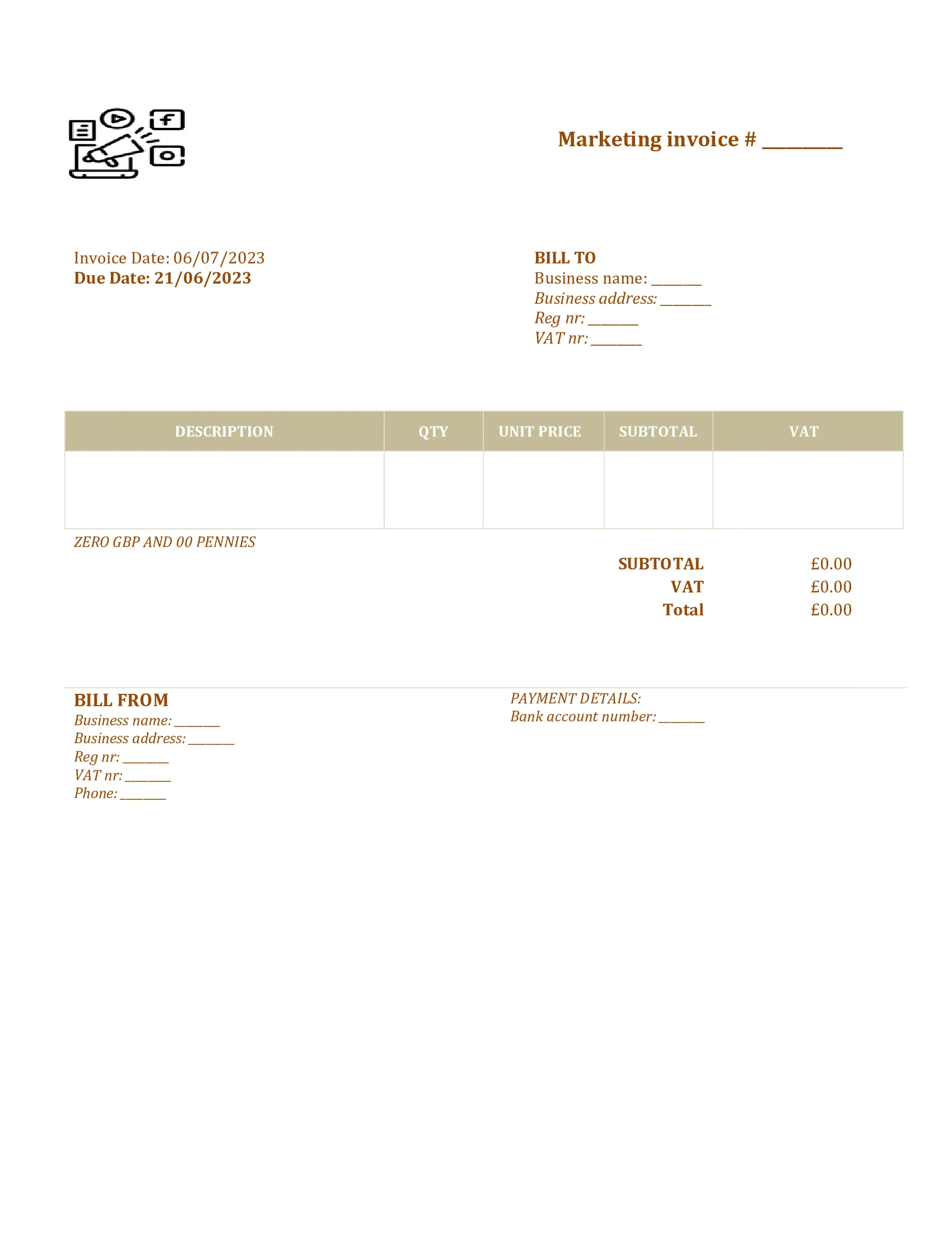 printable marketing invoice template UK Word / Google docs