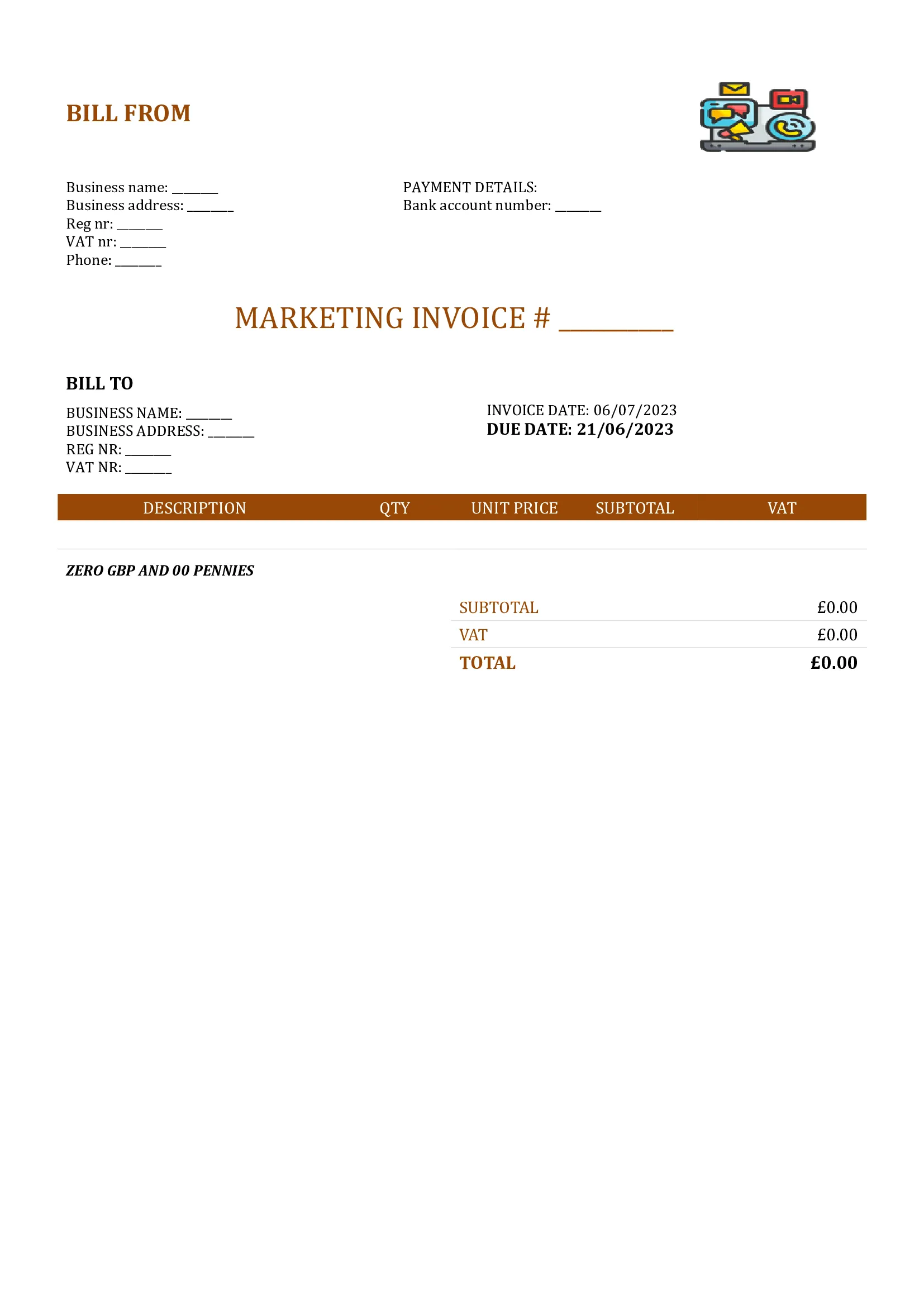 blank marketing invoice template UK Word / Google docs