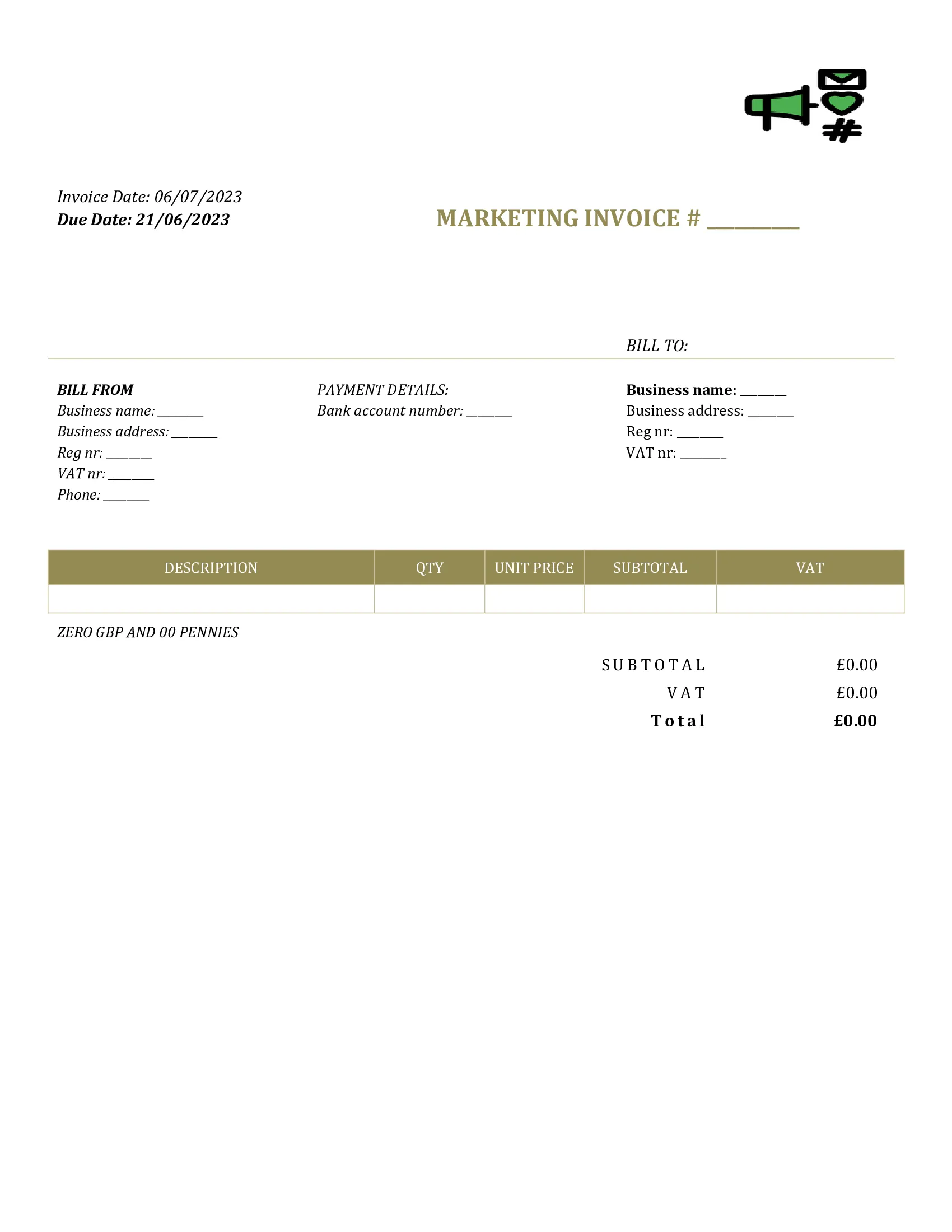 generic marketing invoice template UK Word / Google docs