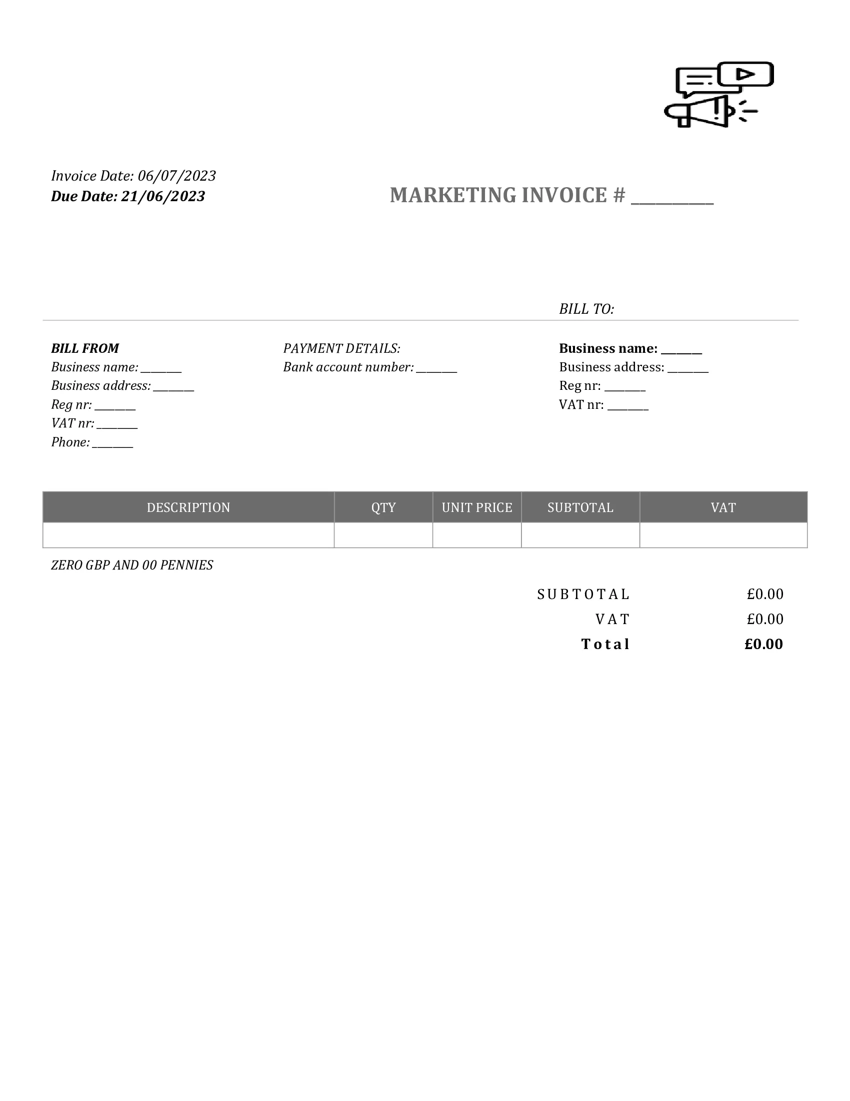 standart marketing invoice template UK Word / Google docs