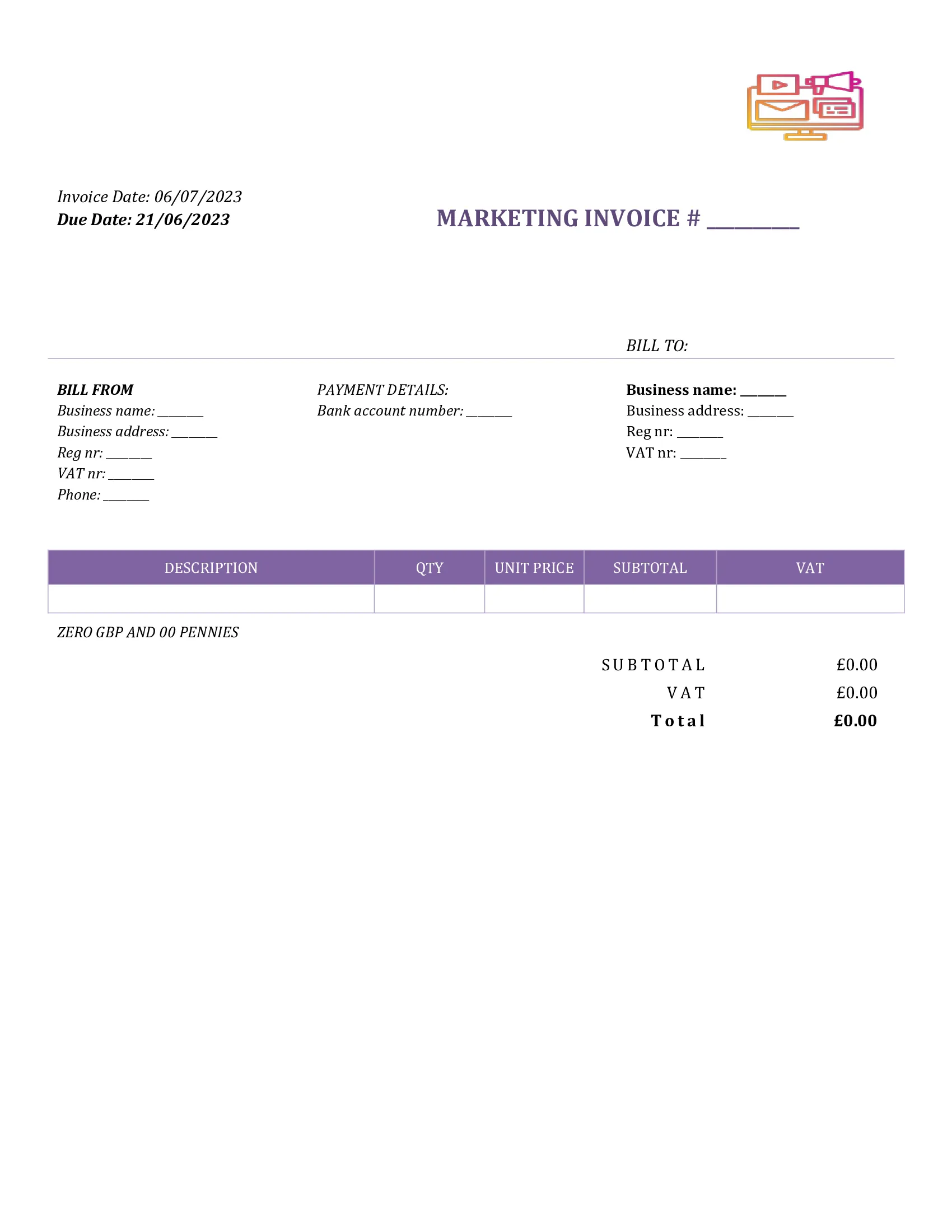 fillable marketing invoice template UK Word / Google docs