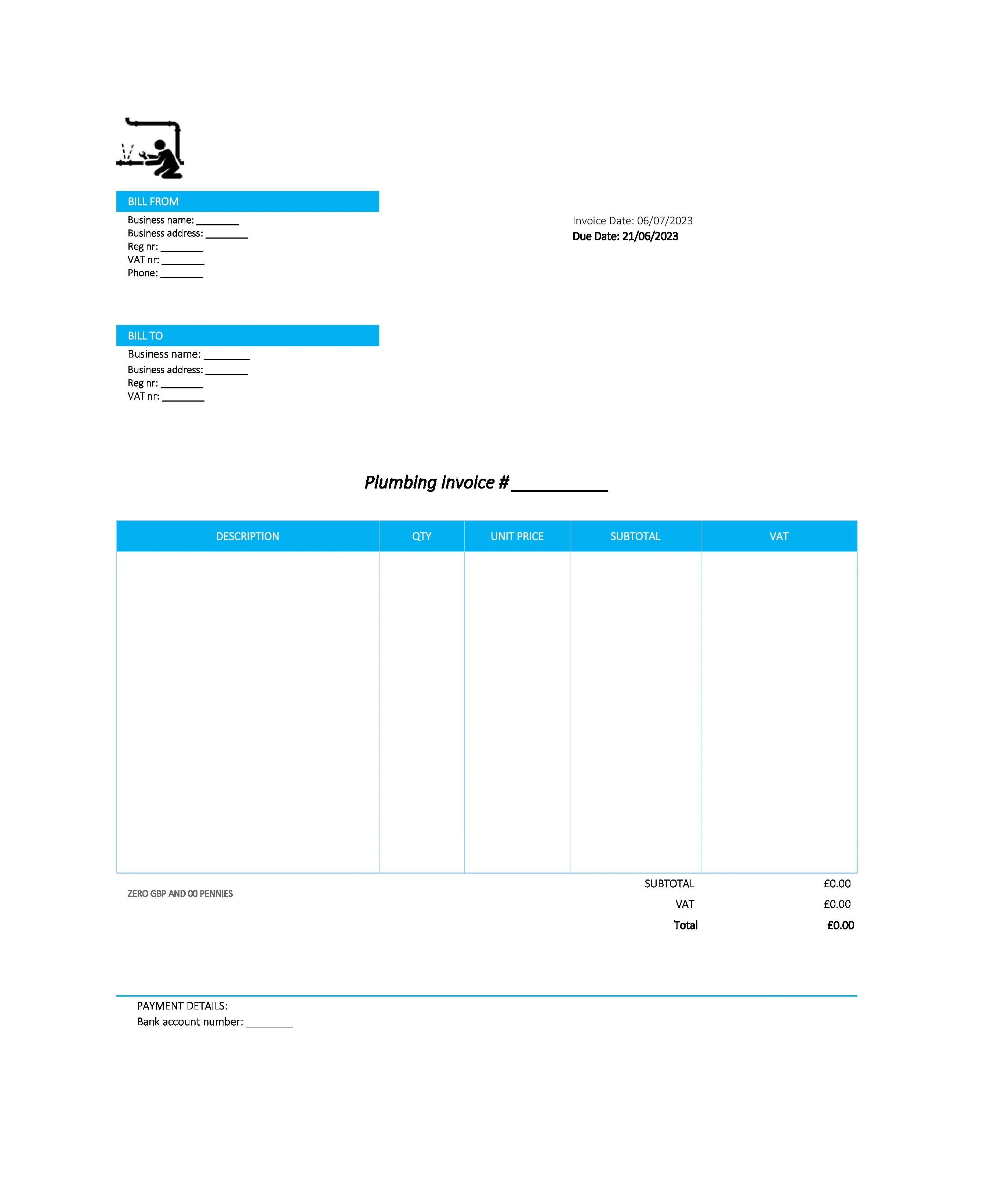 electronic plumbing invoice template UK Excel / Google sheets
