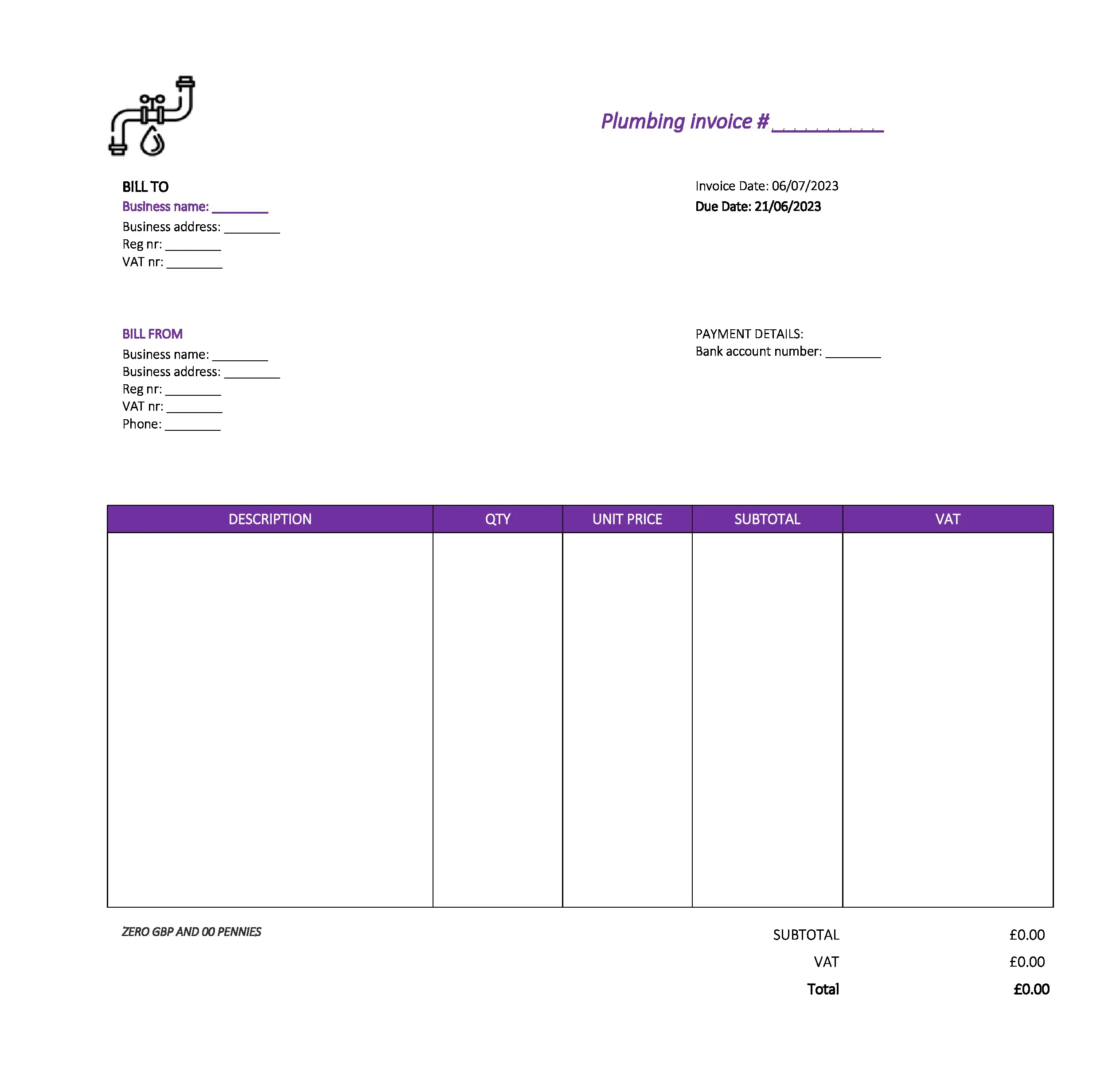 cool plumbing invoice template UK Excel / Google sheets
