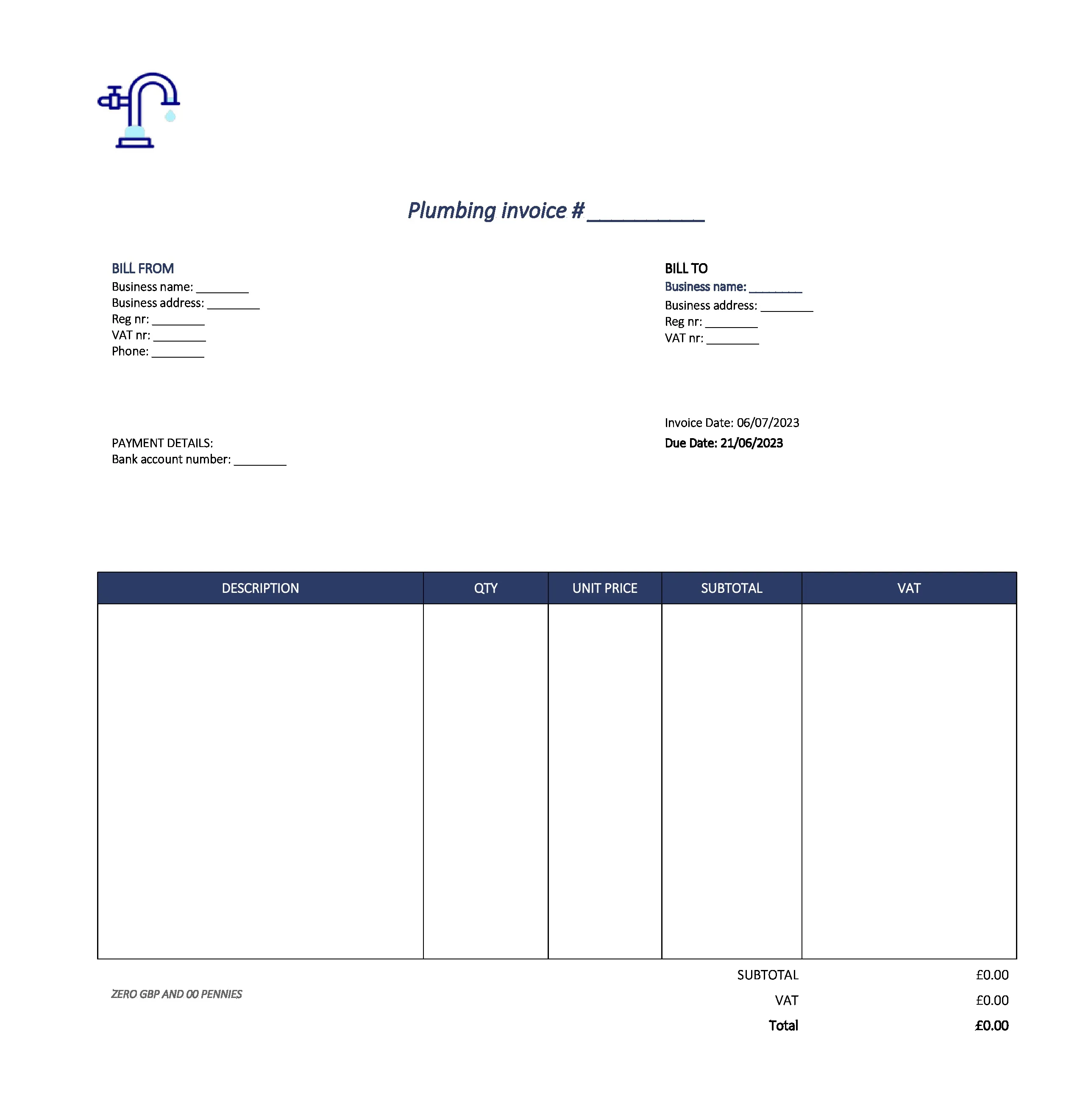 detailed plumbing invoice template UK Excel / Google sheets