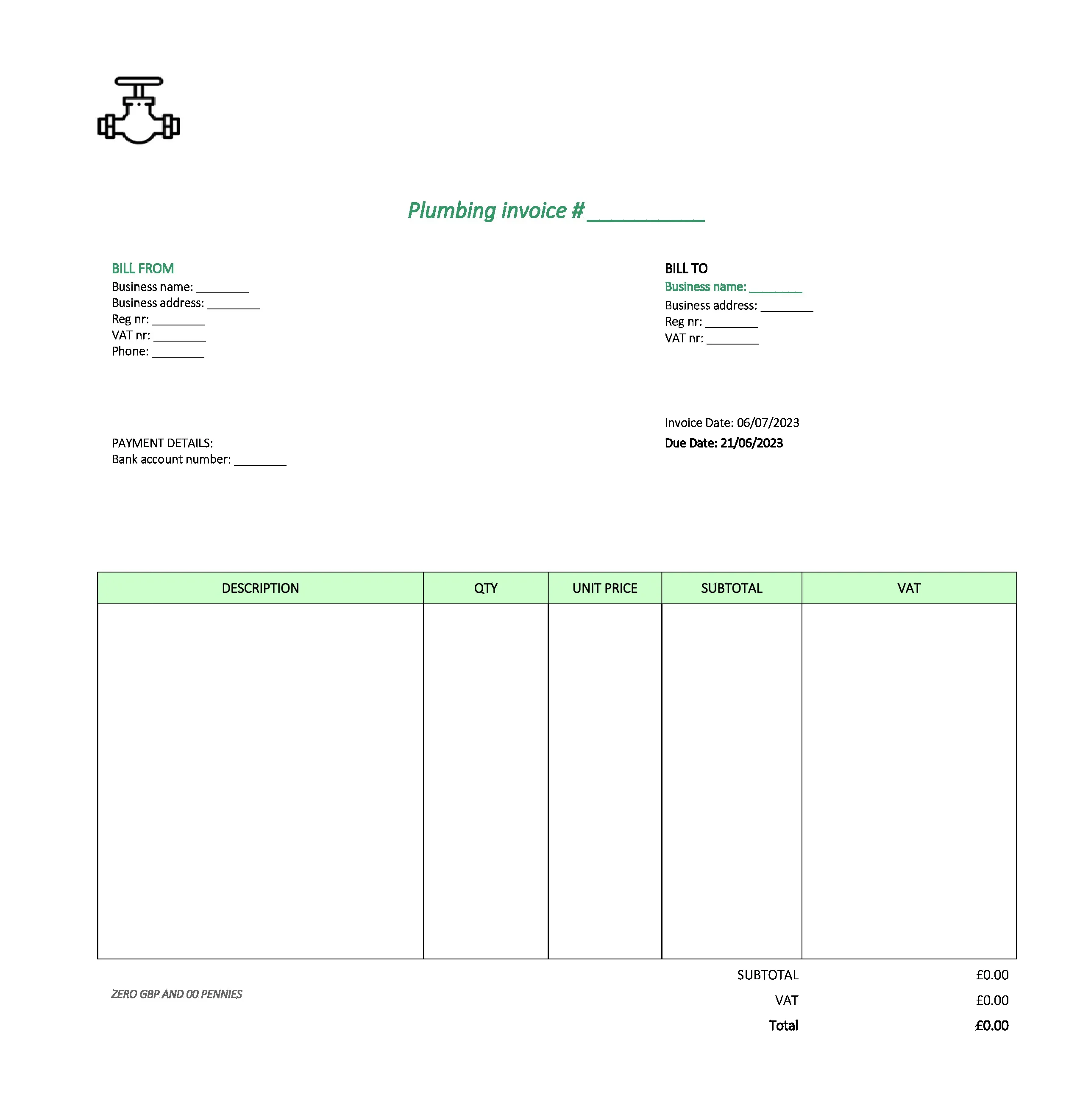 with logo plumbing invoice template UK Excel / Google sheets