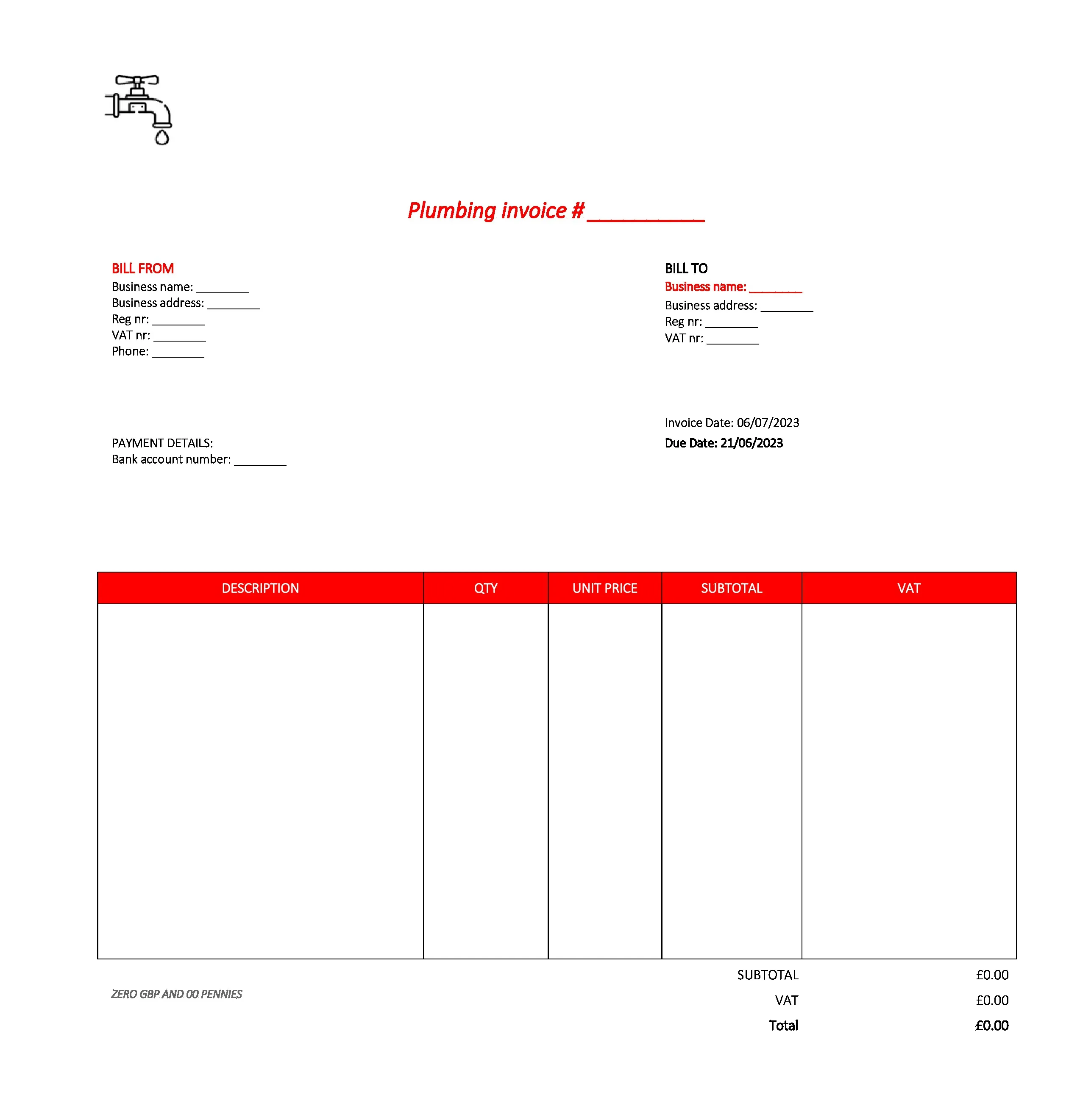 professional plumbing invoice template UK Excel / Google sheets