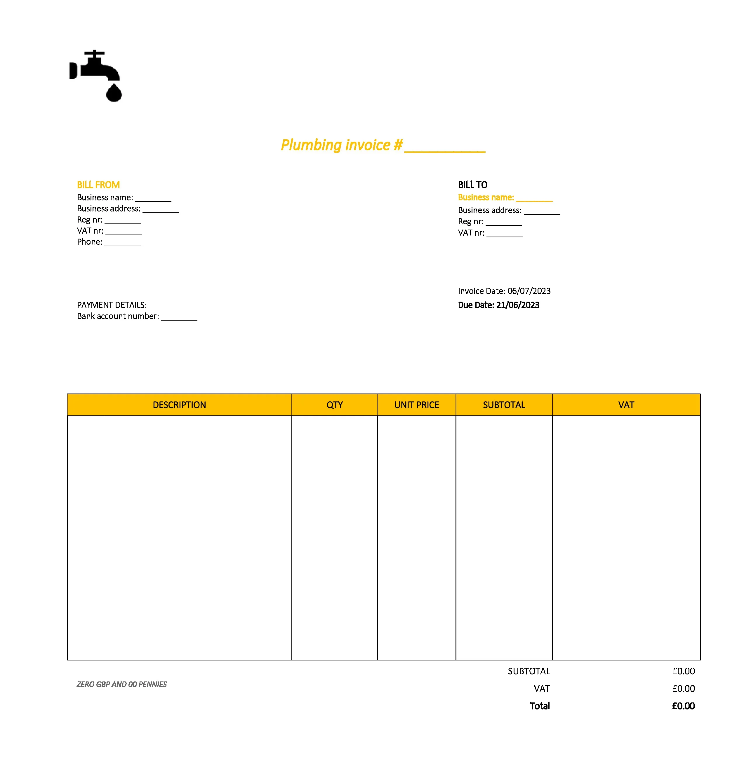 draft plumbing invoice template UK Excel / Google sheets