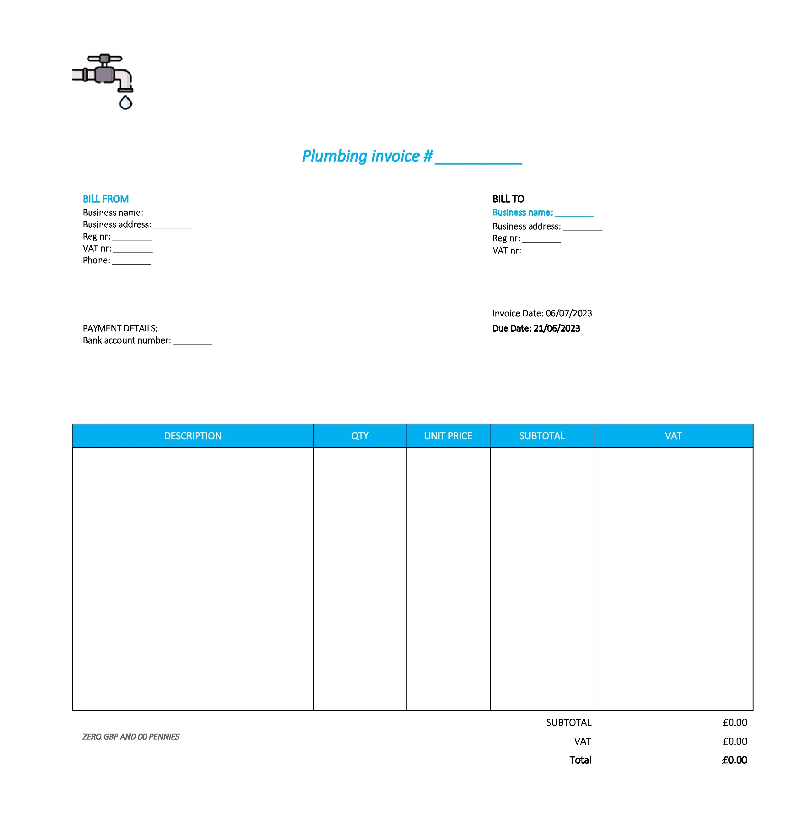 good plumbing invoice template UK Excel / Google sheets