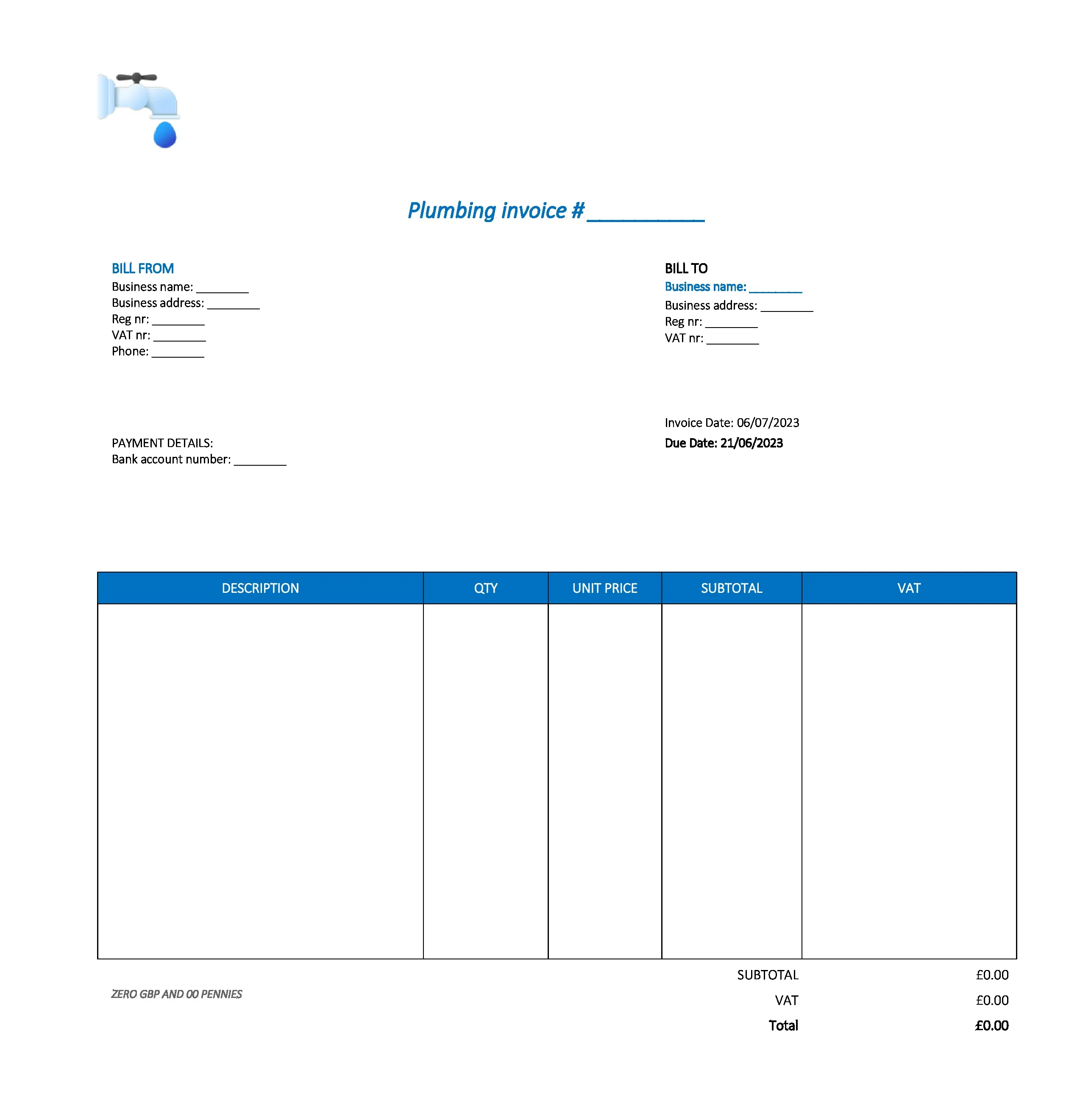 typical plumbing invoice template UK Excel / Google sheets
