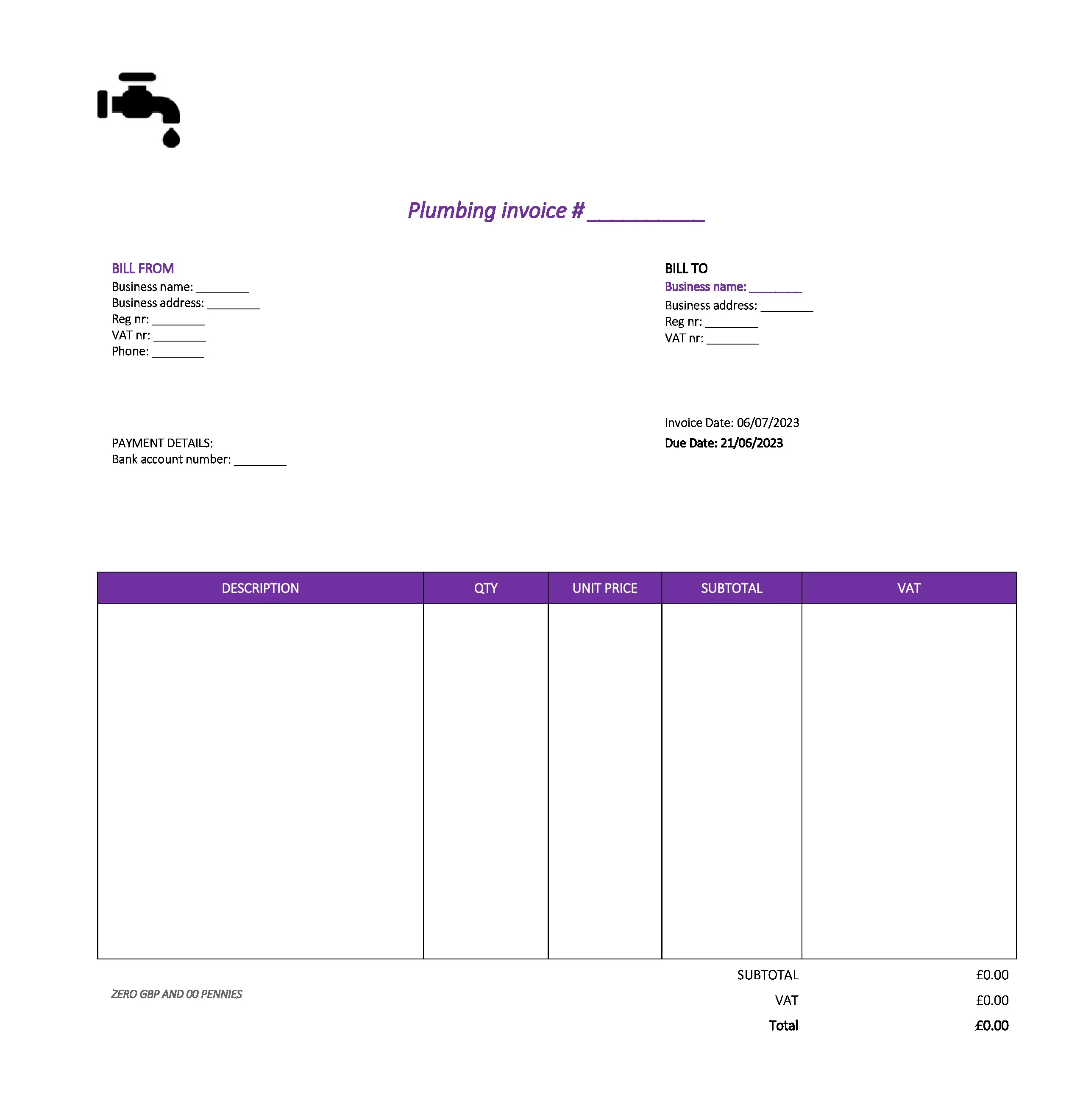 pretty plumbing invoice template UK Excel / Google sheets