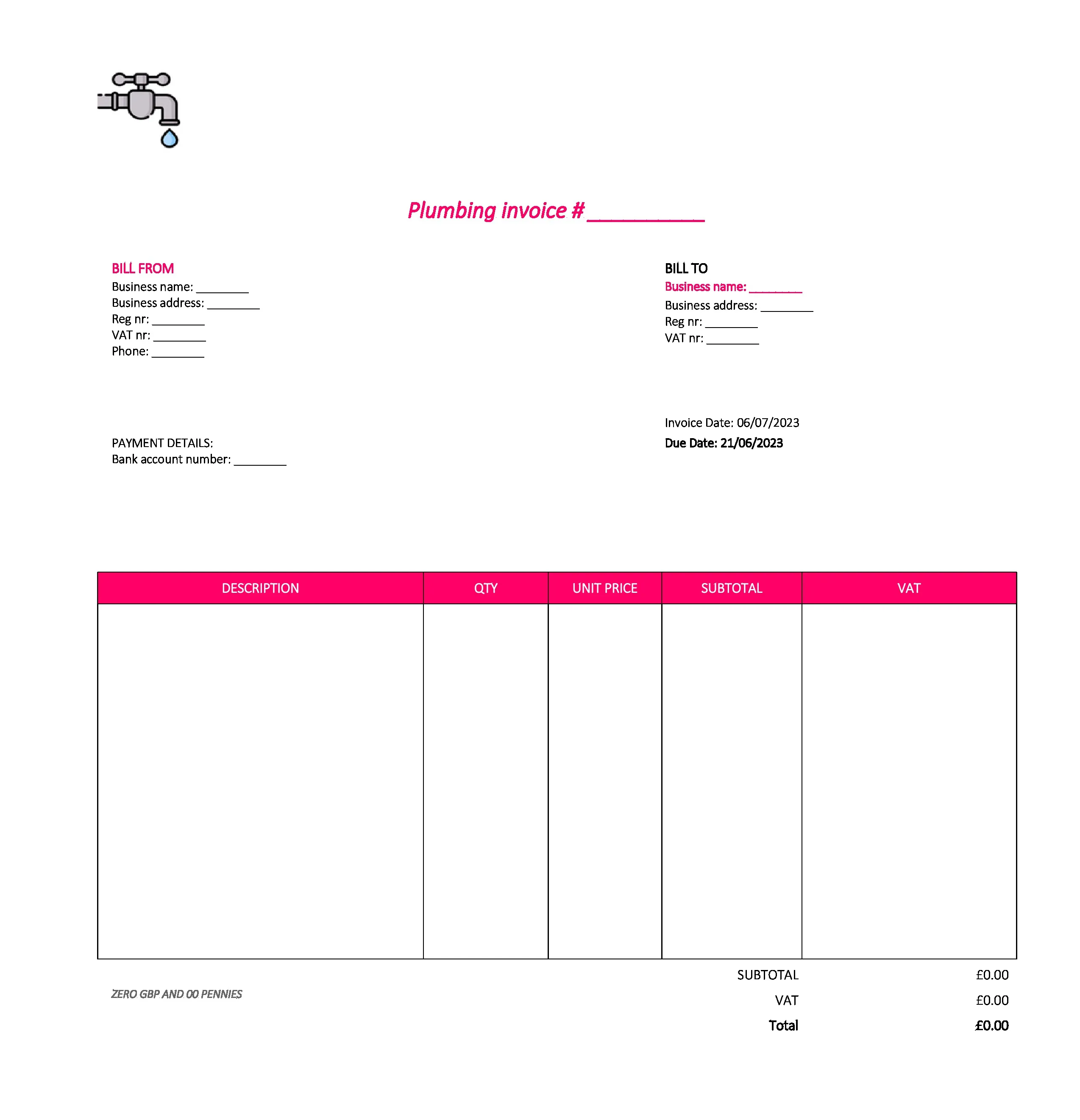 nice plumbing invoice template UK Excel / Google sheets