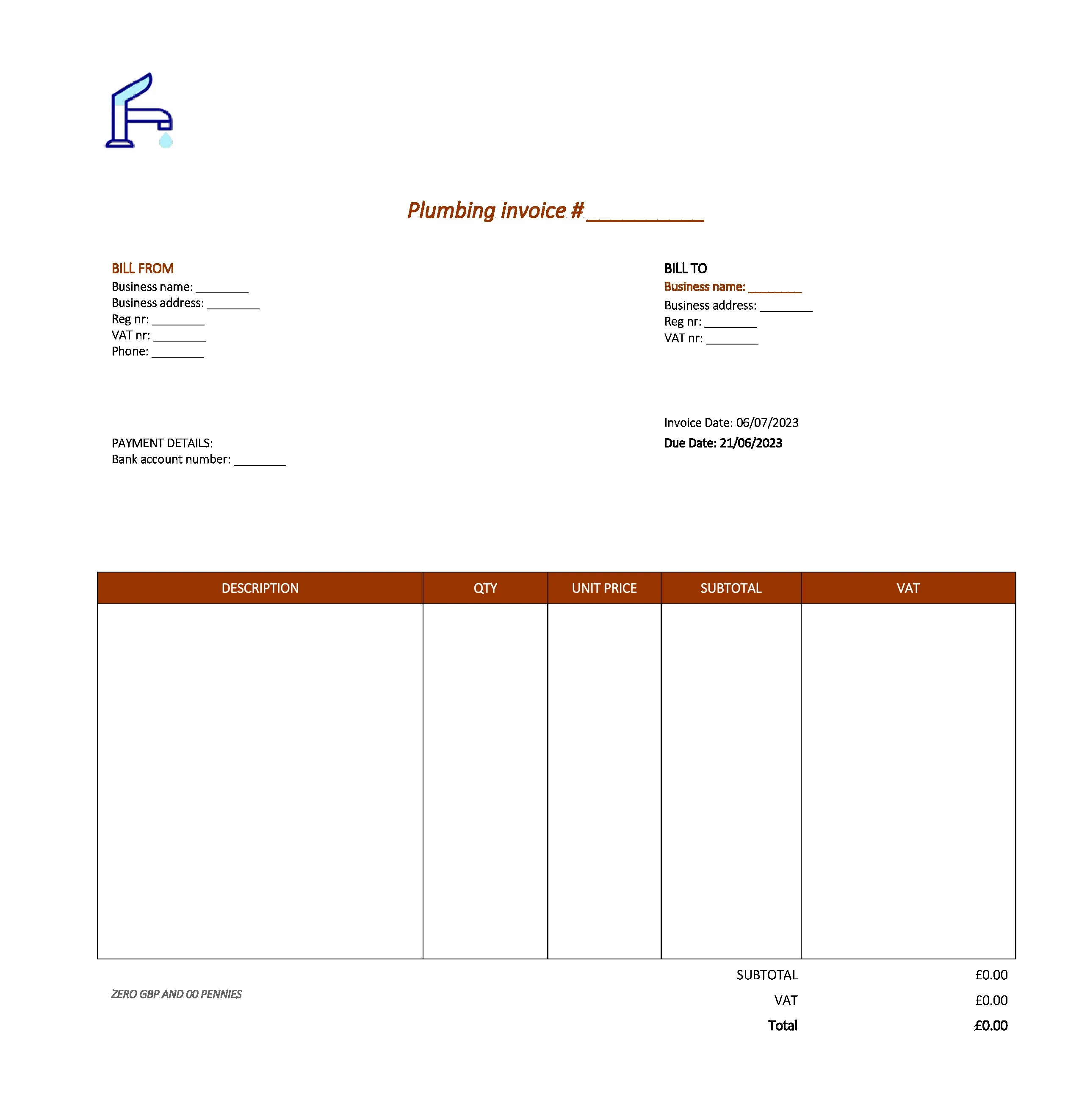 elegant plumbing invoice template UK Excel / Google sheets