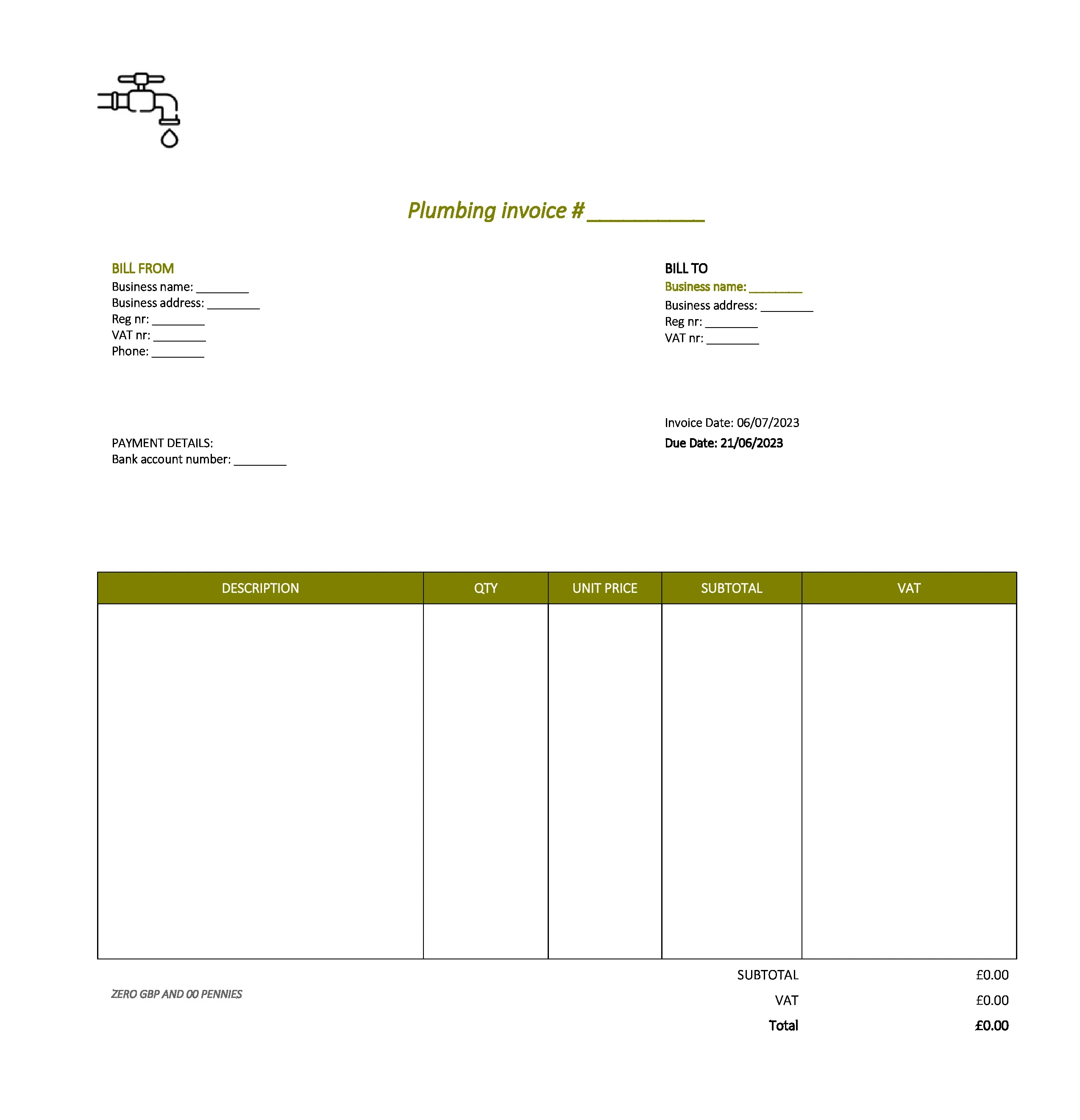 minimalist plumbing invoice template UK Excel / Google sheets