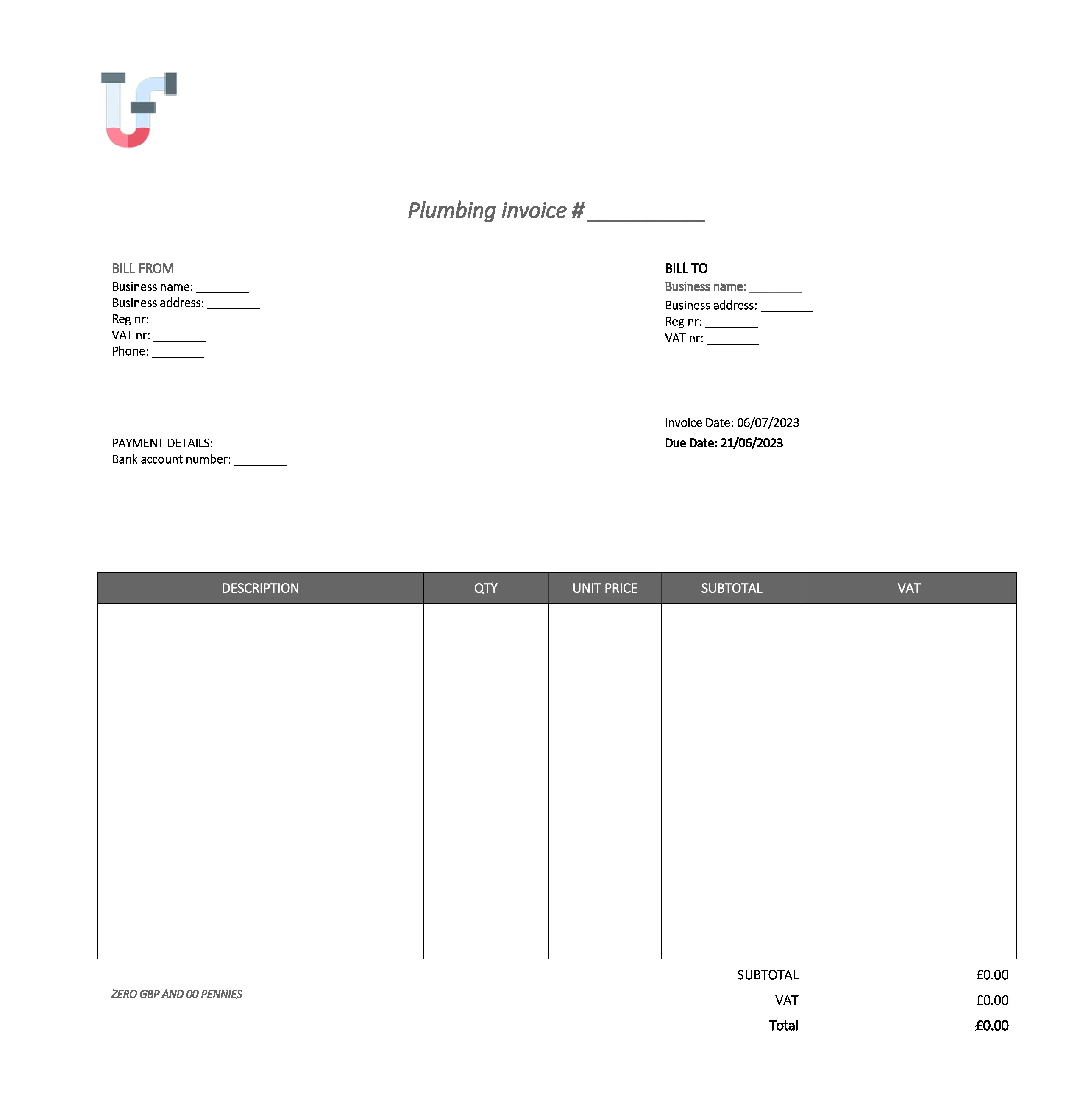 fancy plumbing invoice template UK Excel / Google sheets
