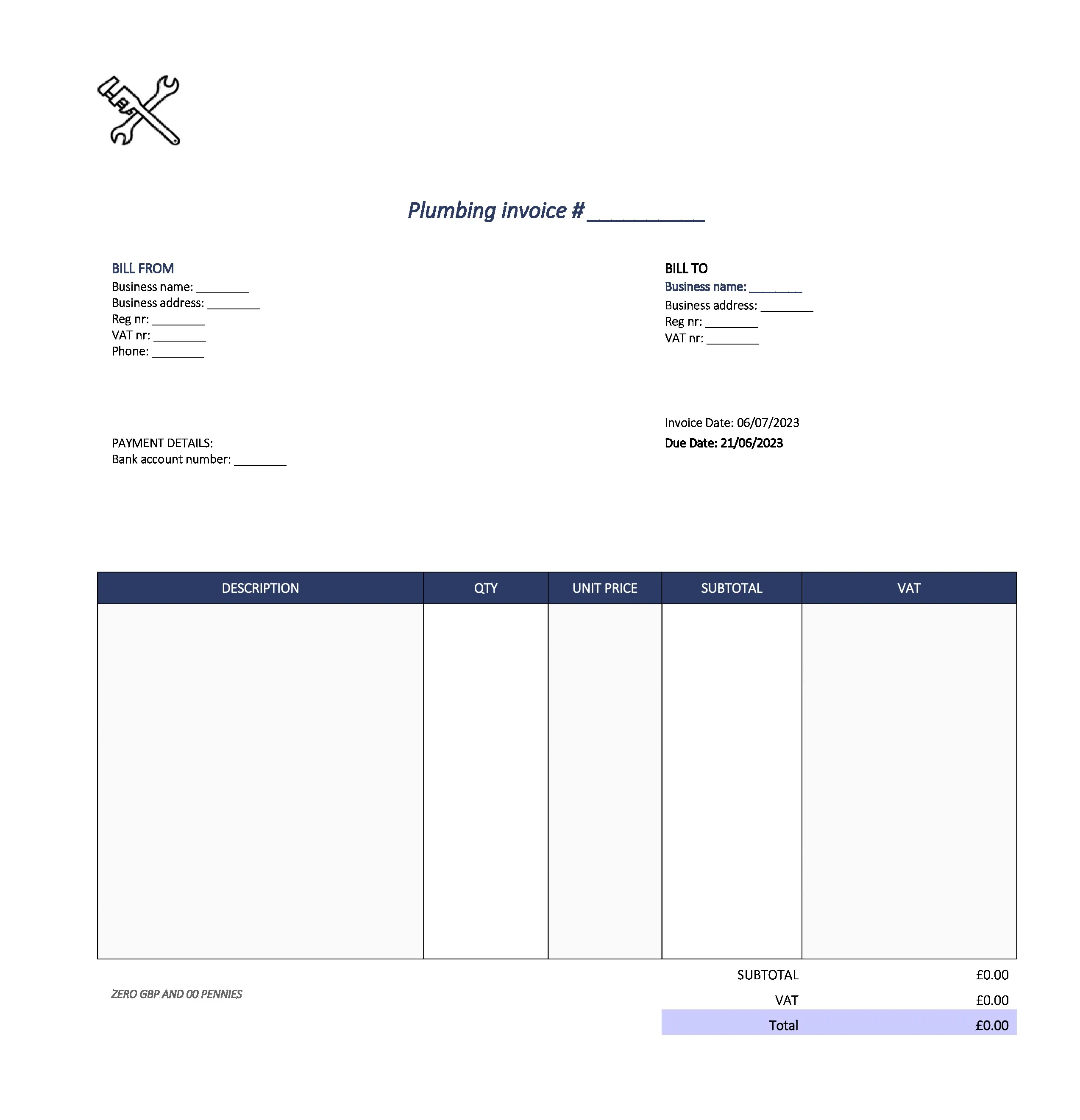 cute plumbing invoice template UK Excel / Google sheets
