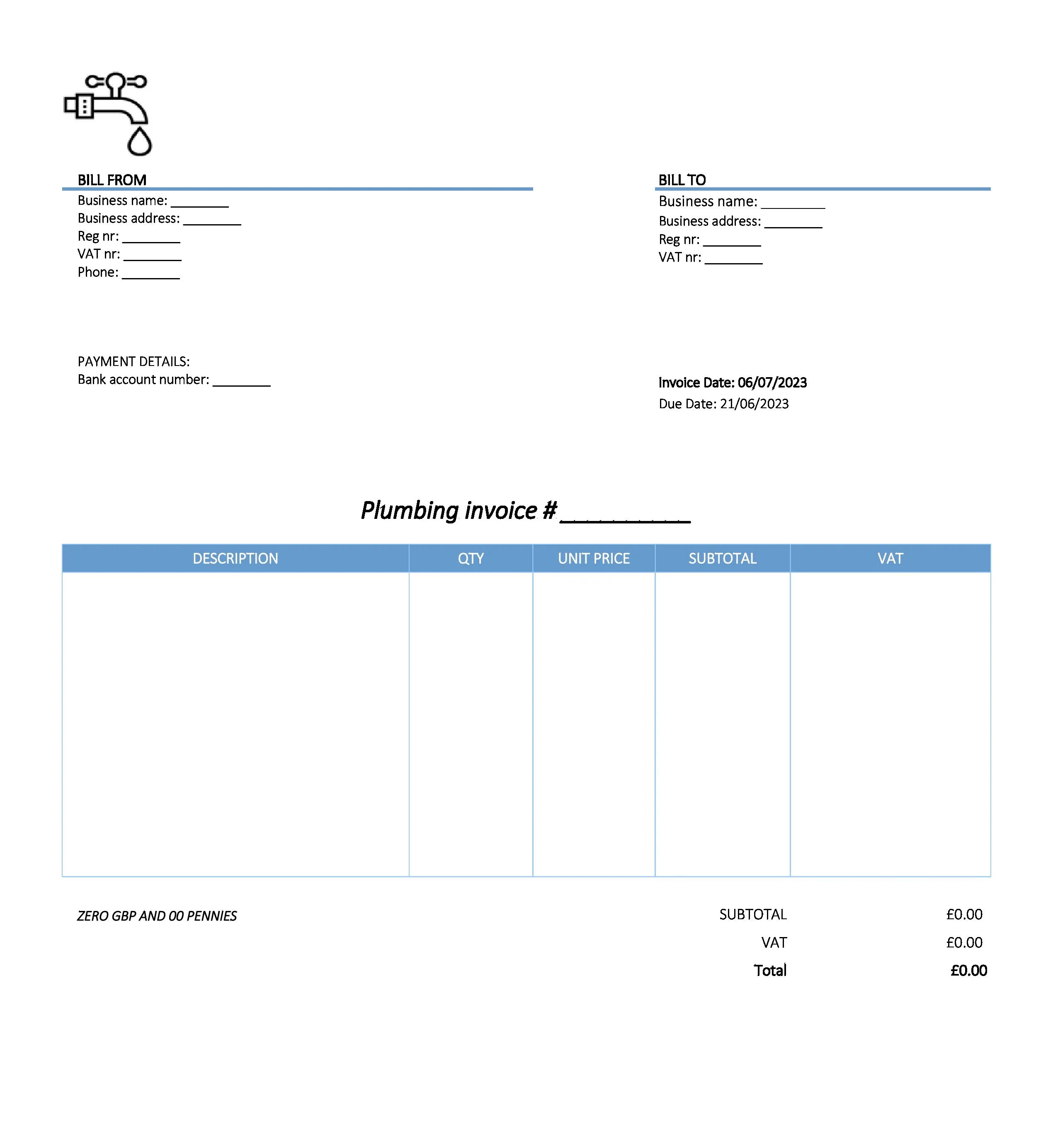 with bank details plumbing invoice template UK Excel / Google sheets
