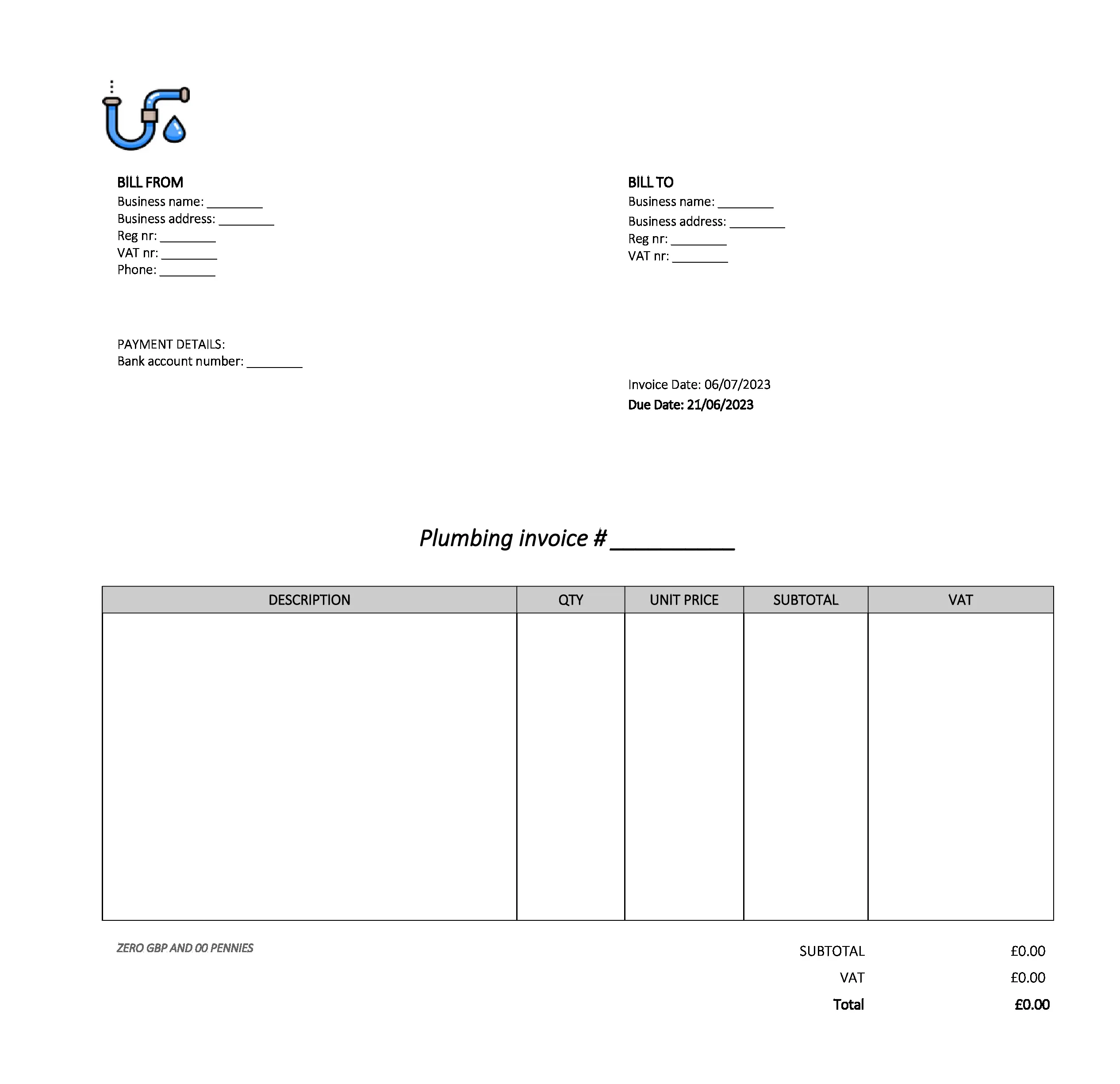 empty plumbing invoice template UK Excel / Google sheets