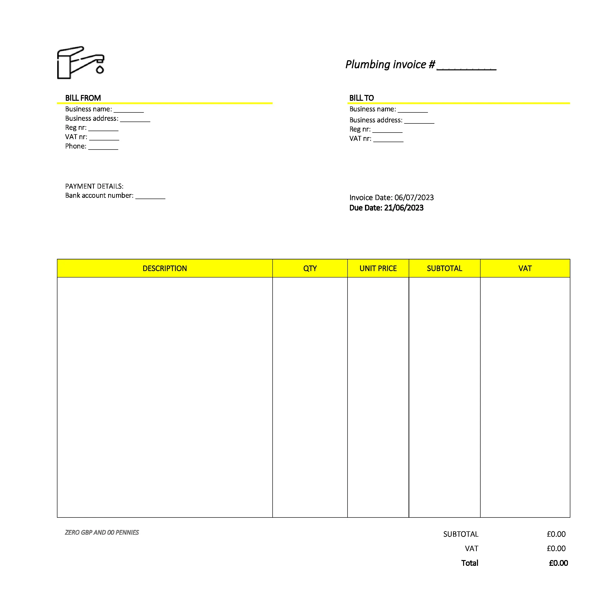formal plumbing invoice template UK Excel / Google sheets