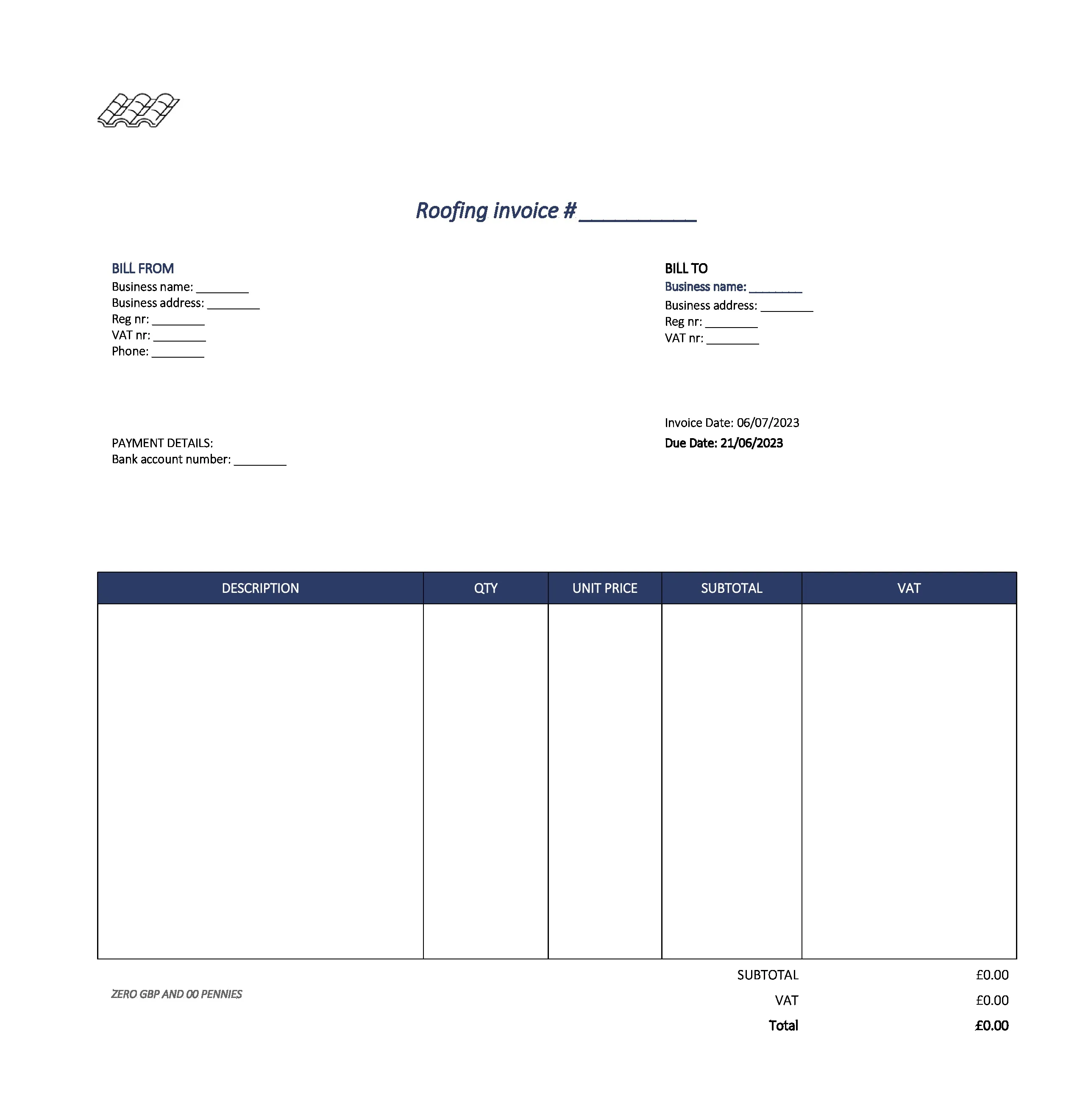Detailed Roofing Invoice Template UK Excel / Google sheets