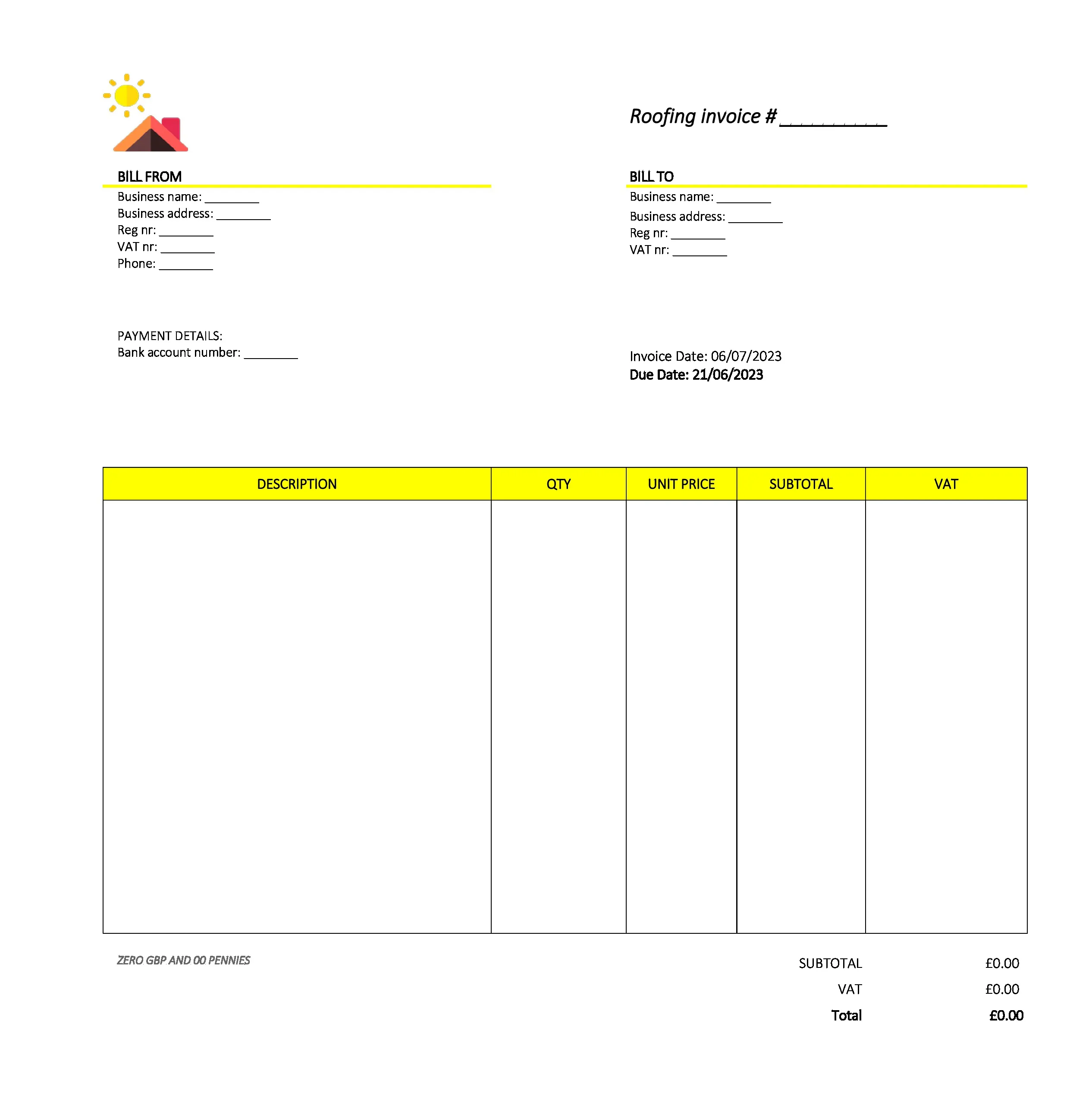 Formal Roofing Invoice Template UK Excel / Google sheets