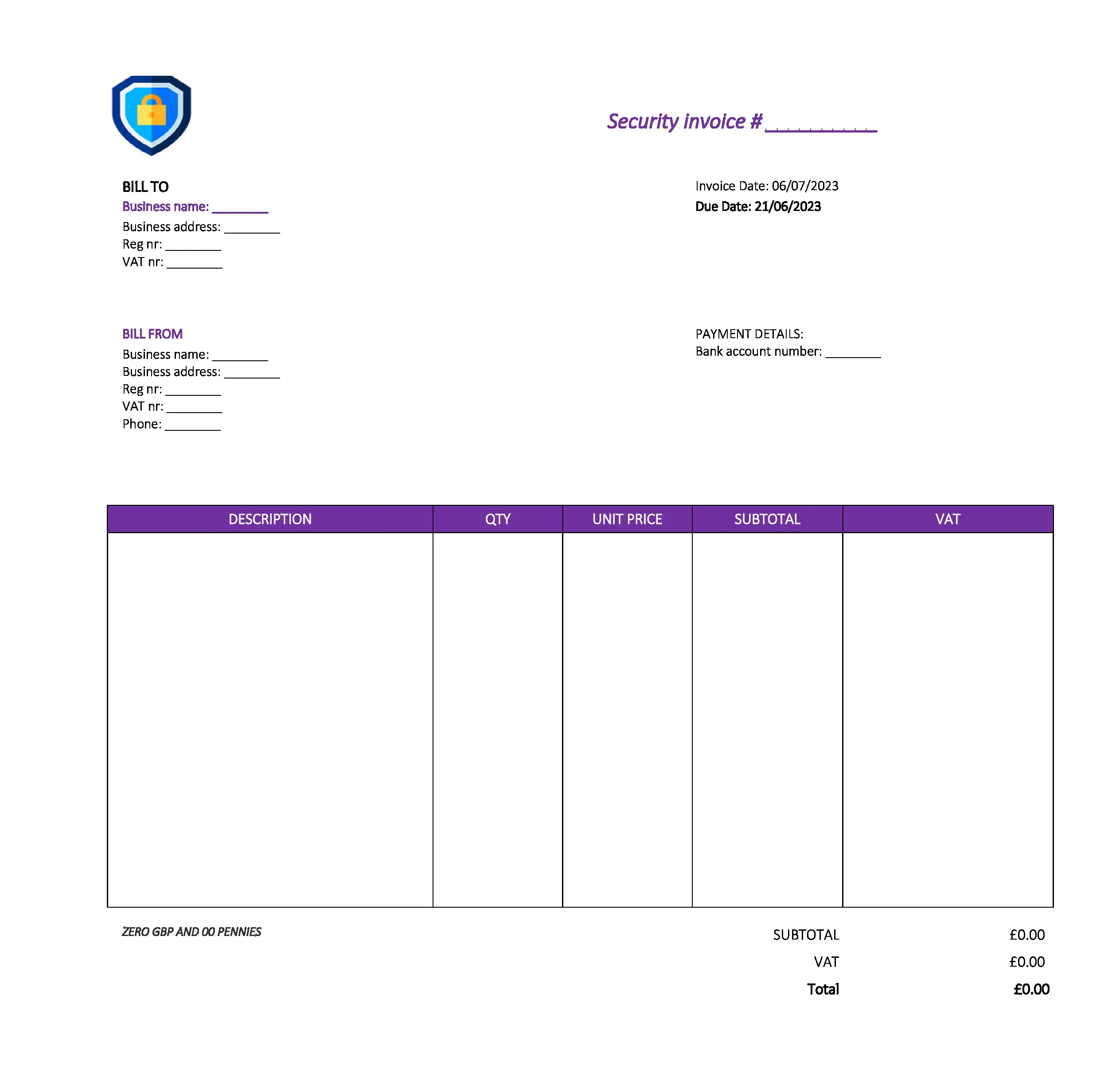 cool security invoice template UK Excel / Google sheets