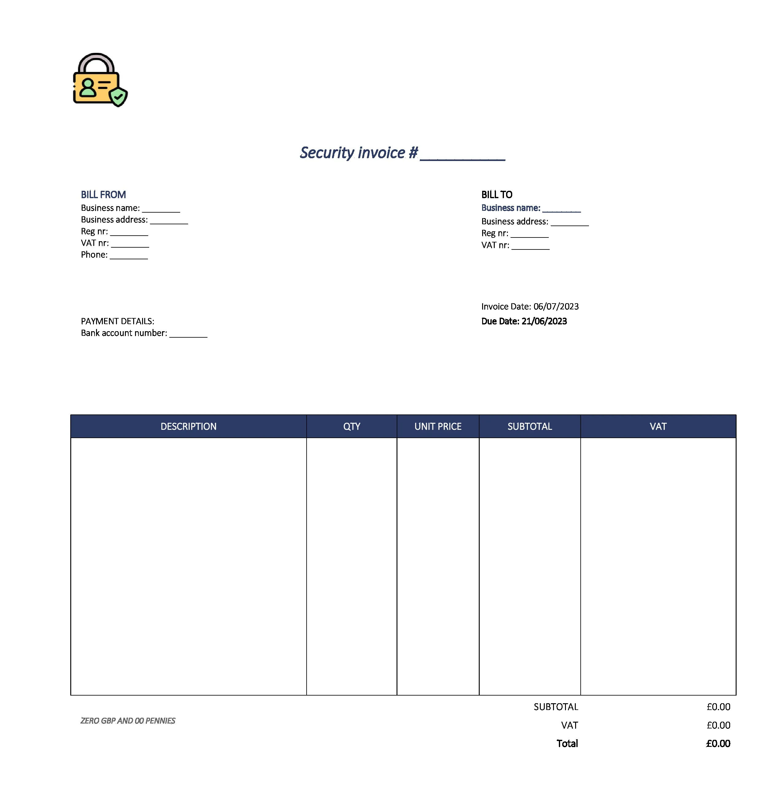 detailed security invoice template UK Excel / Google sheets