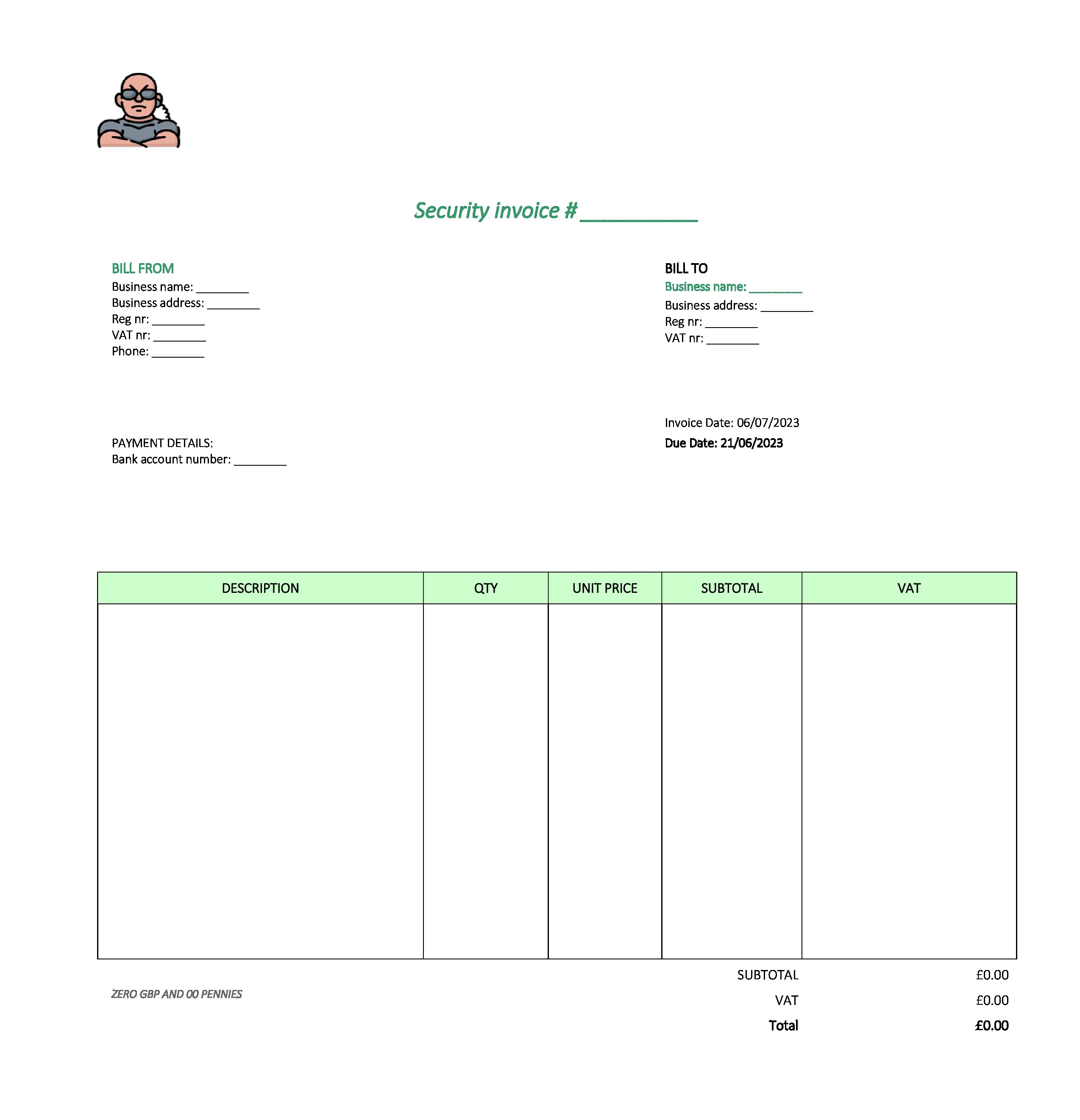 with logo security invoice template UK Excel / Google sheets