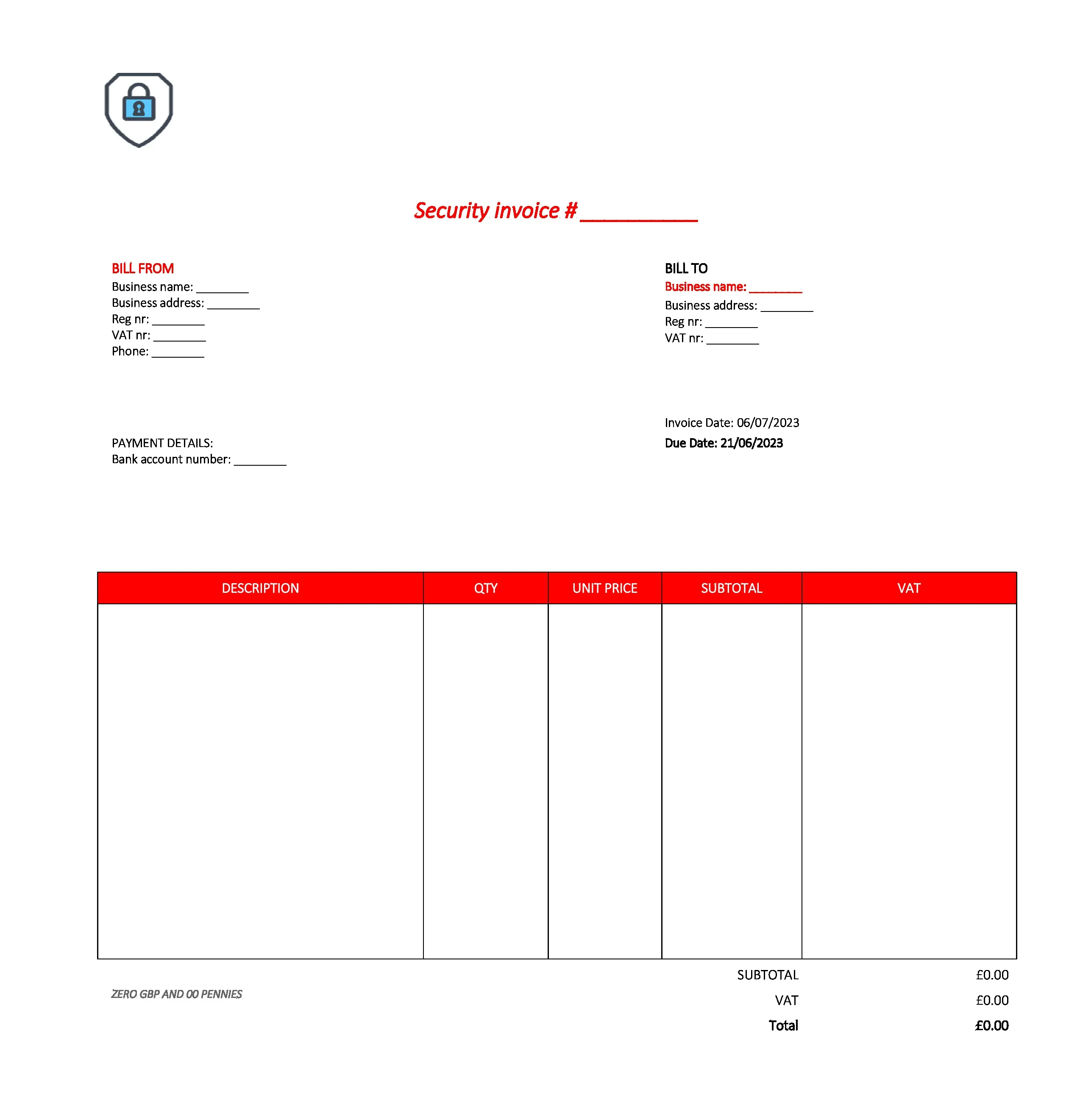 professional security invoice template UK Excel / Google sheets