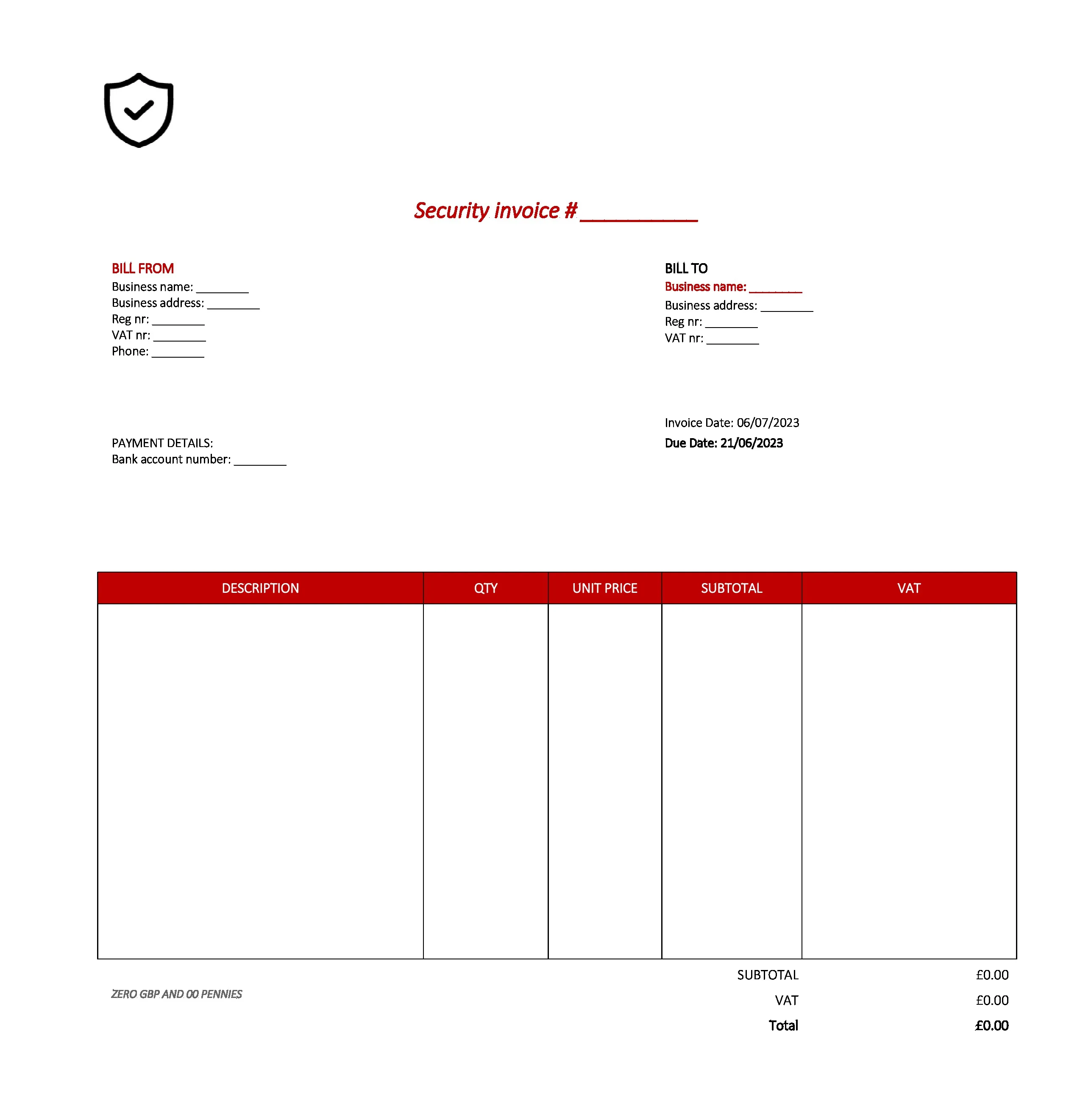 best security invoice template UK Excel / Google sheets