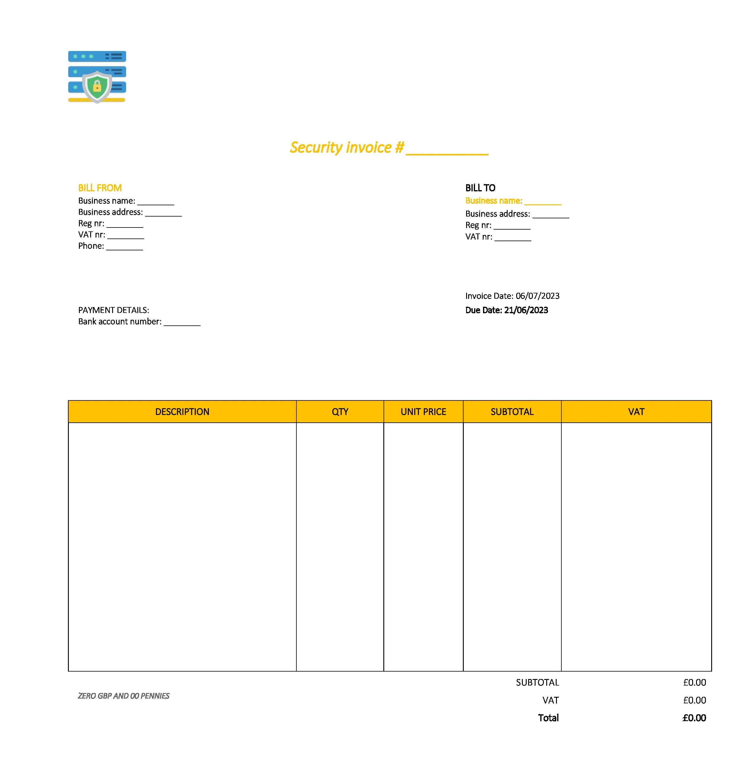 draft security invoice template UK Excel / Google sheets