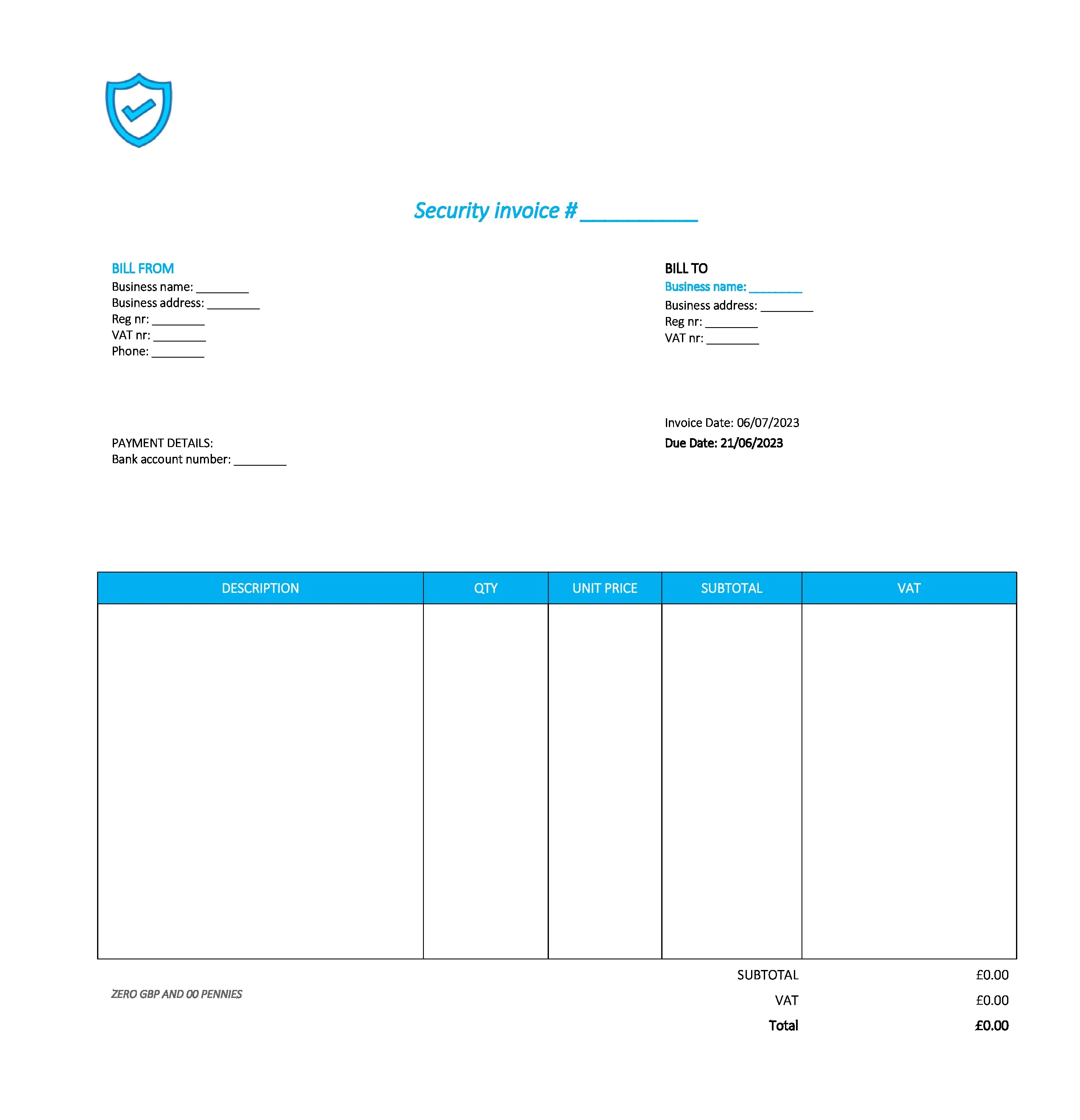 good security invoice template UK Excel / Google sheets