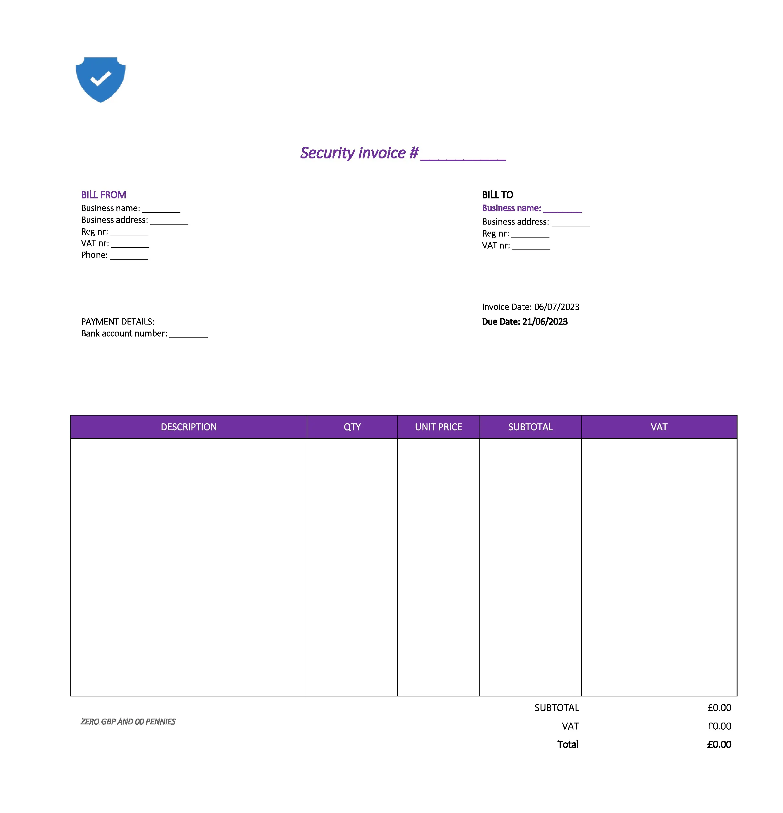 pretty security invoice template UK Excel / Google sheets