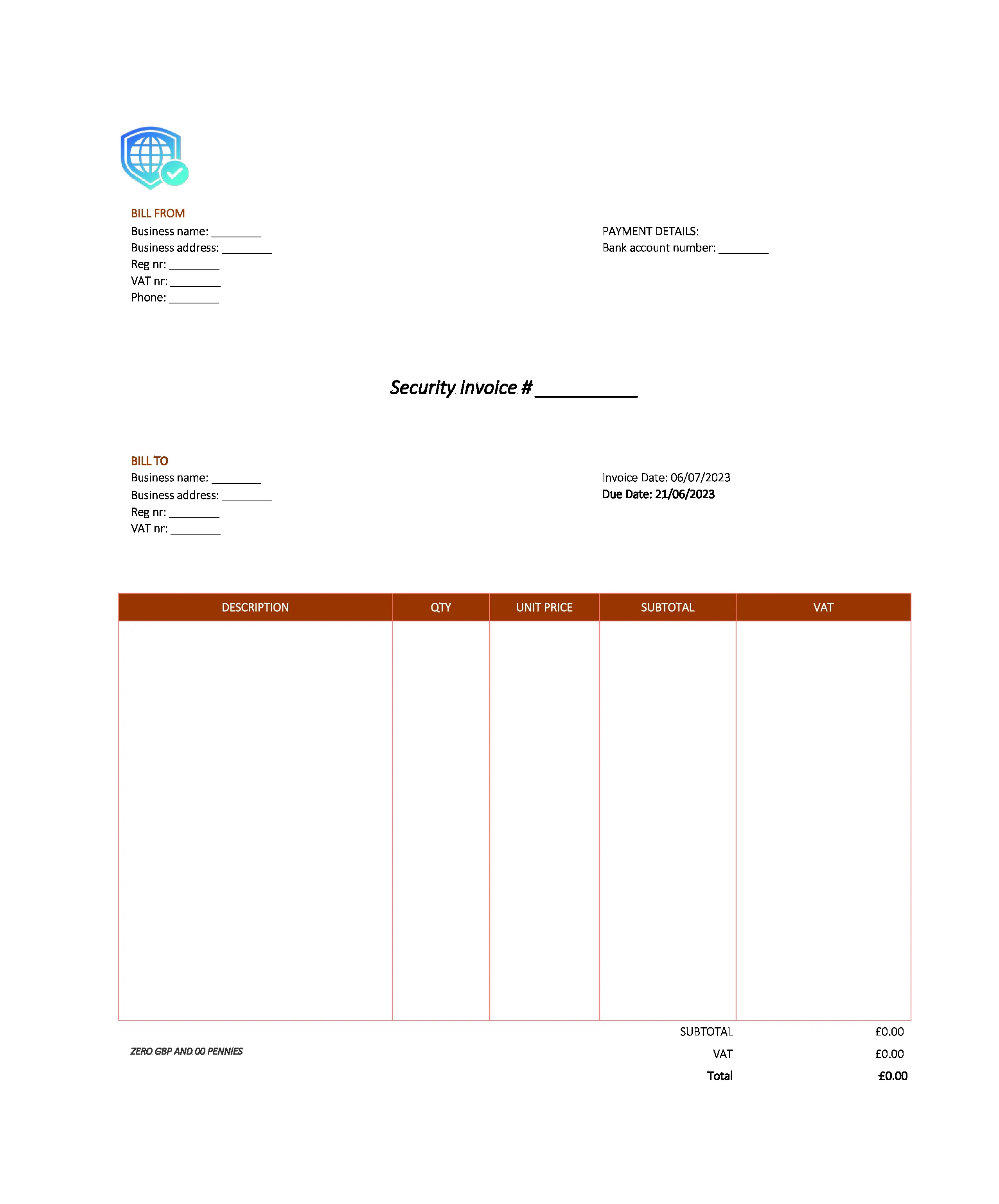 modern security invoice template UK Excel / Google sheets