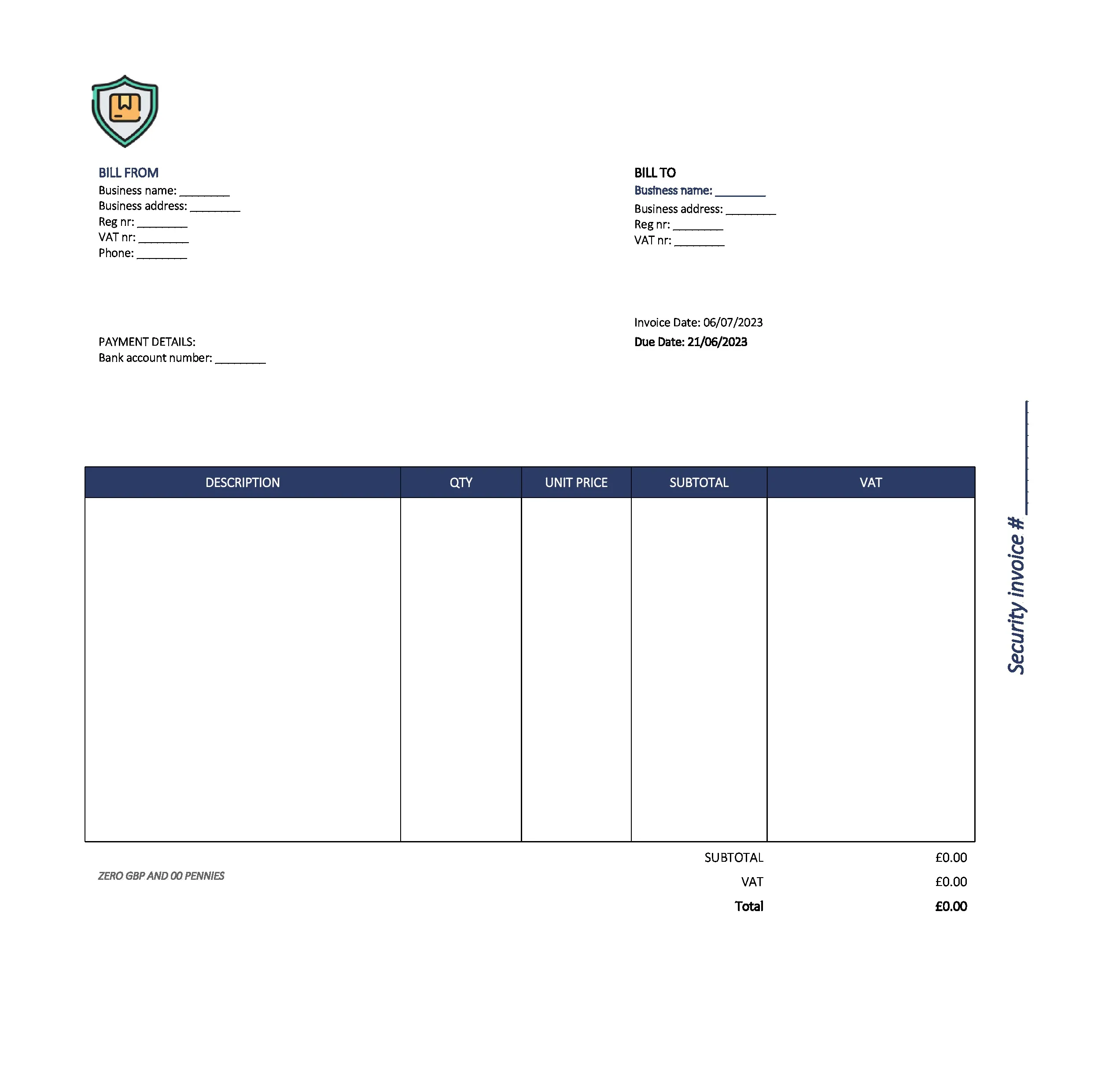 beautiful security invoice template UK Excel / Google sheets