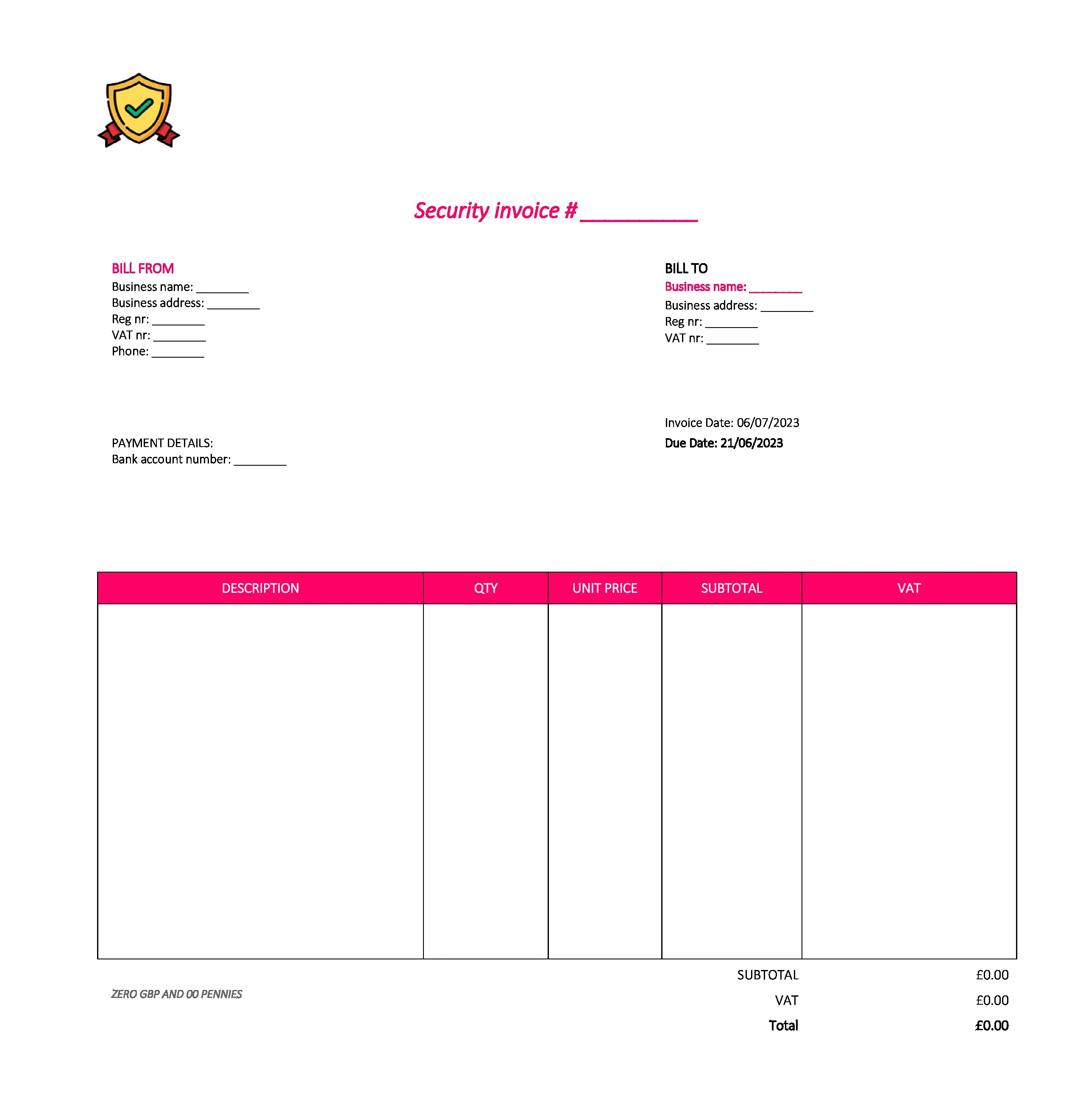 nice security invoice template UK Excel / Google sheets