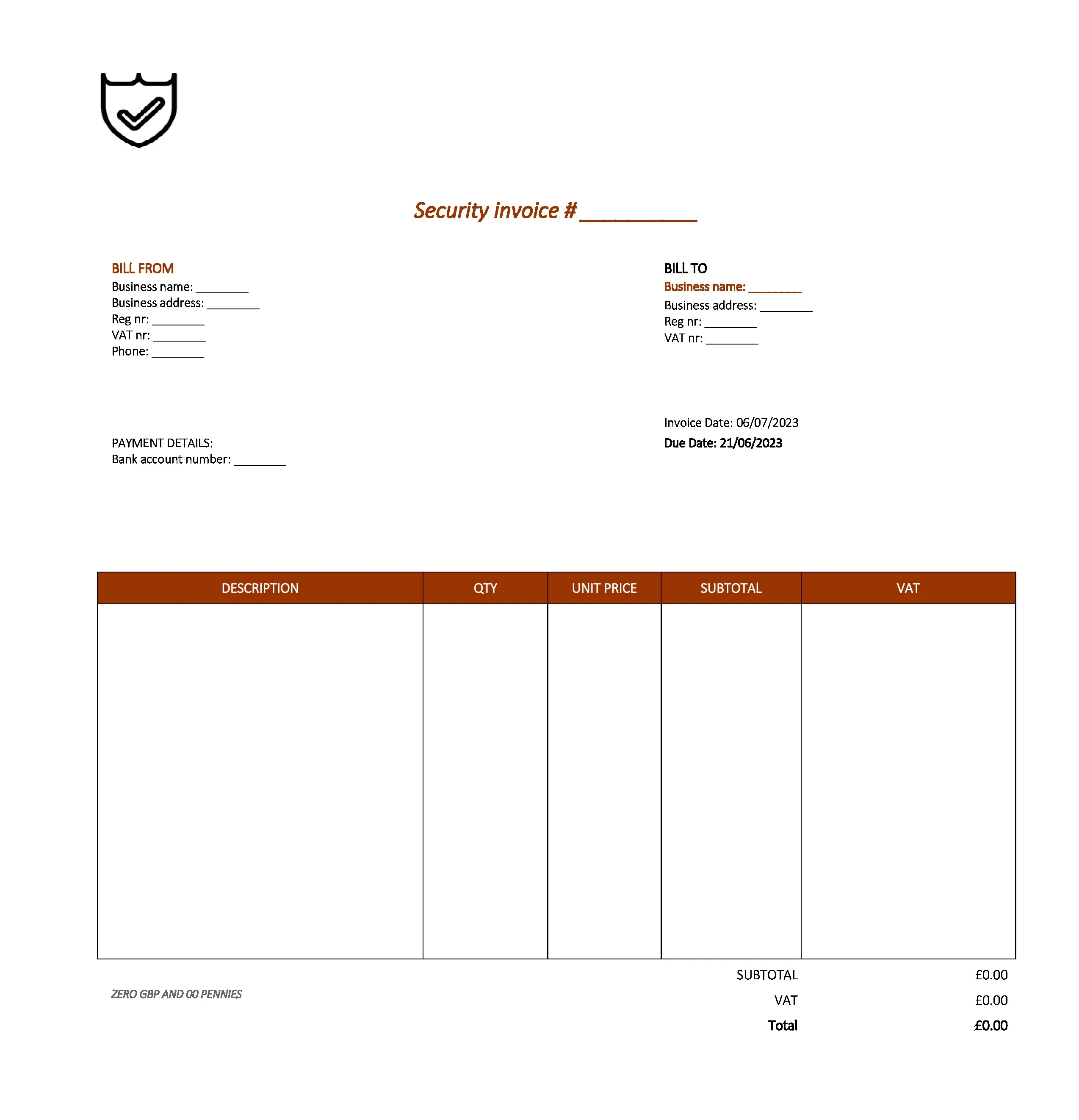 elegant security invoice template UK Excel / Google sheets