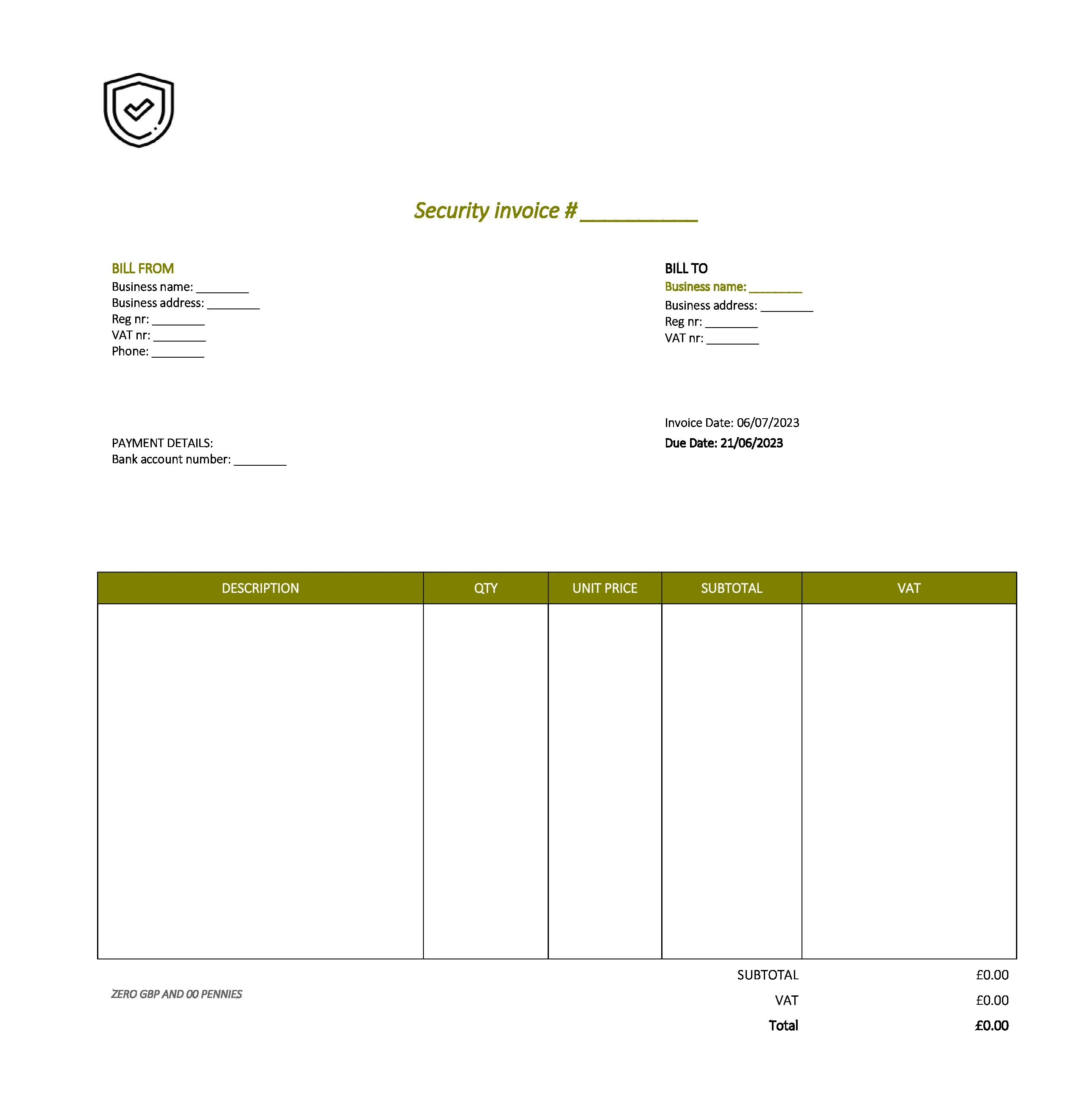 minimalist security invoice template UK Excel / Google sheets