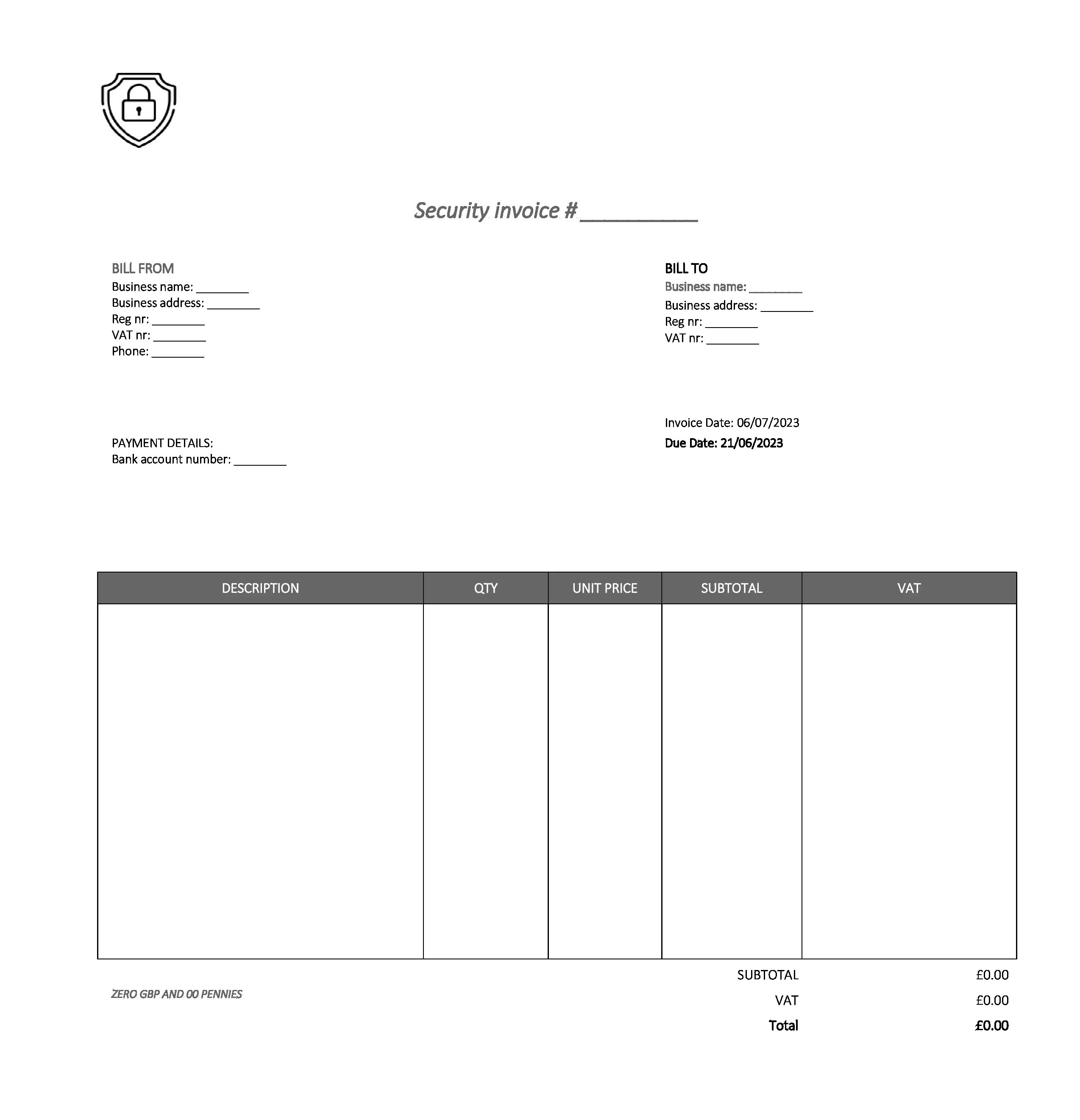 fancy security invoice template UK Excel / Google sheets